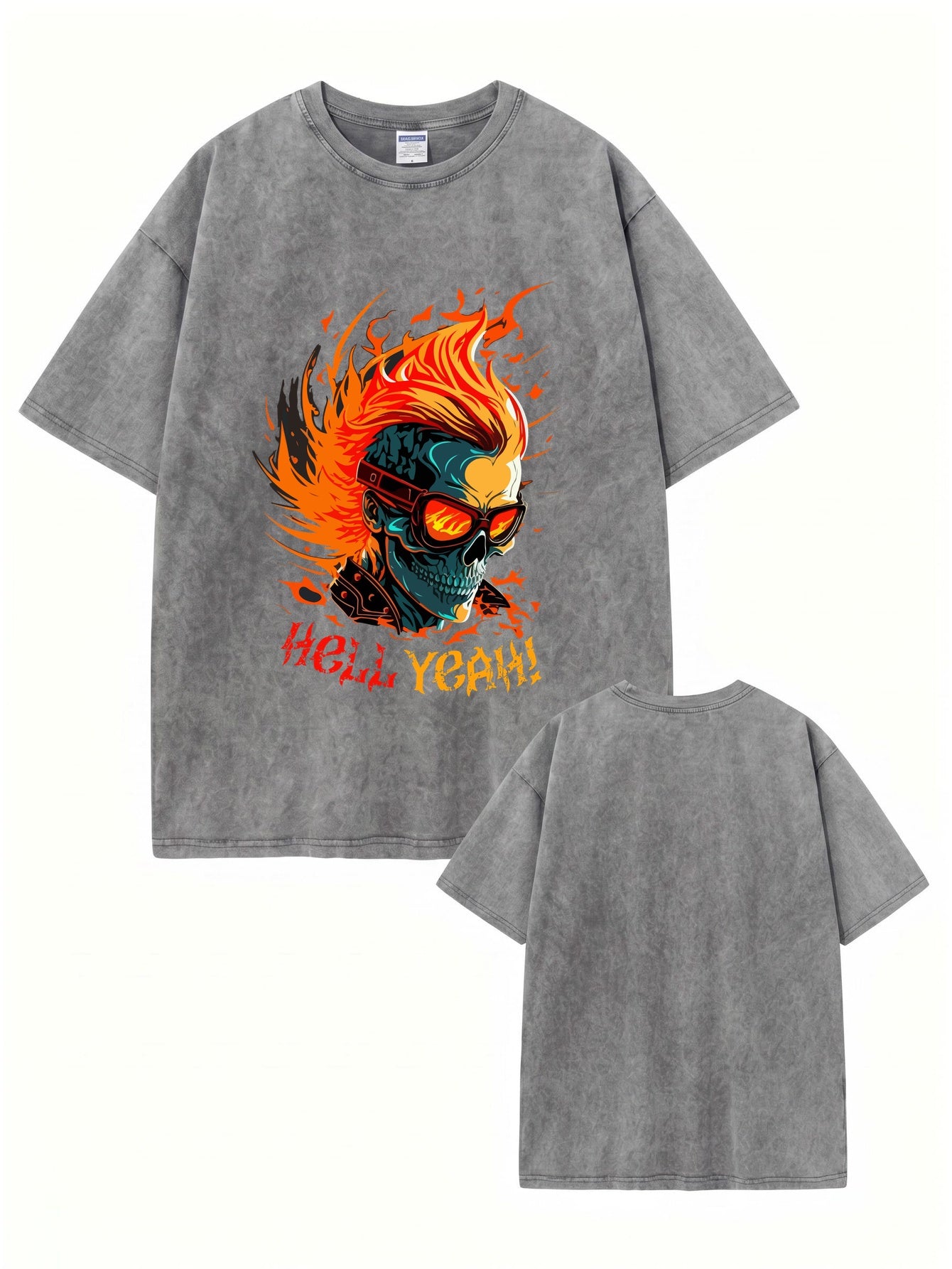 Vintage Washed Oversized T-Shirt with Flaming Skull Graphic Print