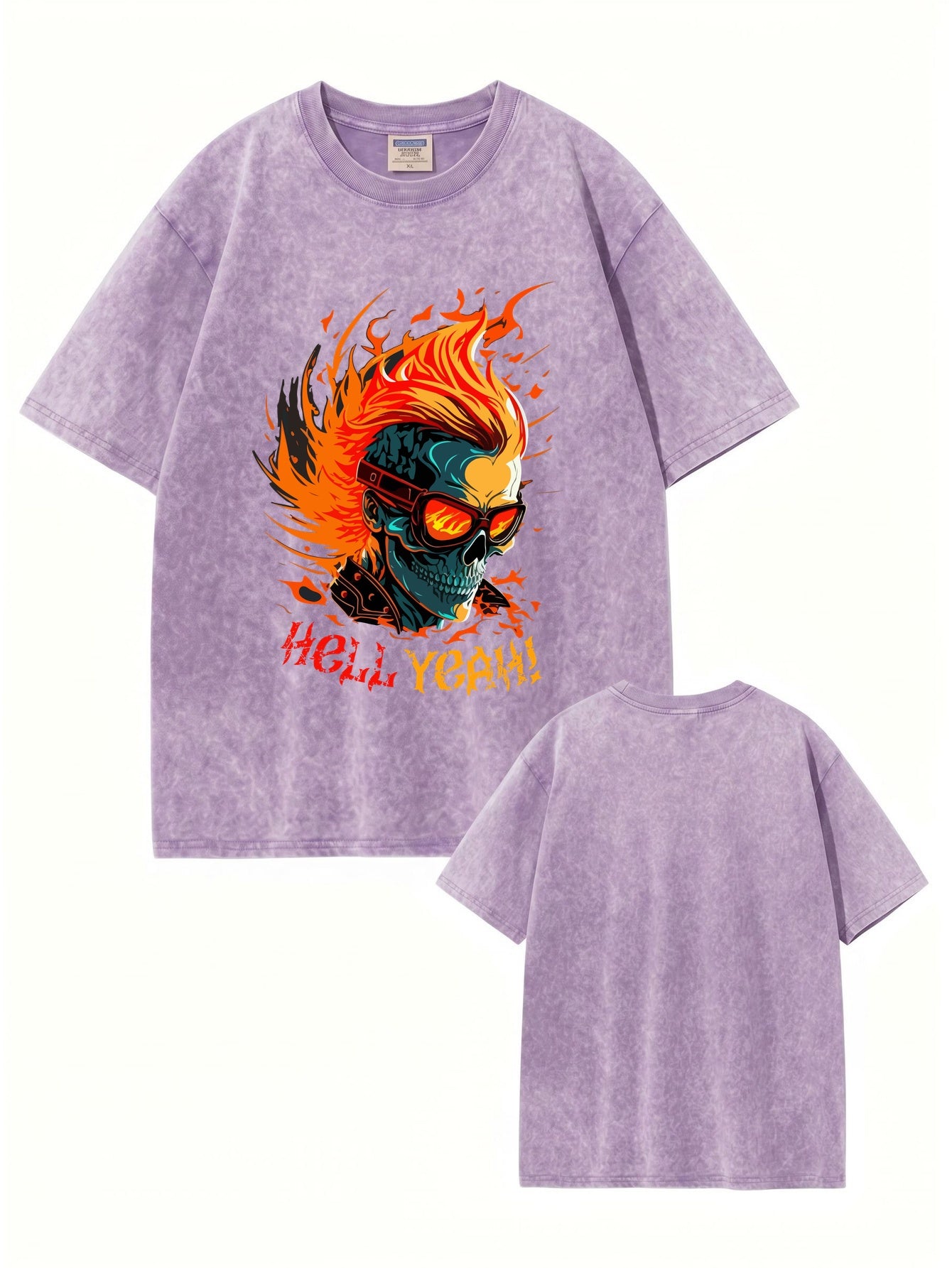 Vintage Washed Oversized T-Shirt with Flaming Skull Graphic Print