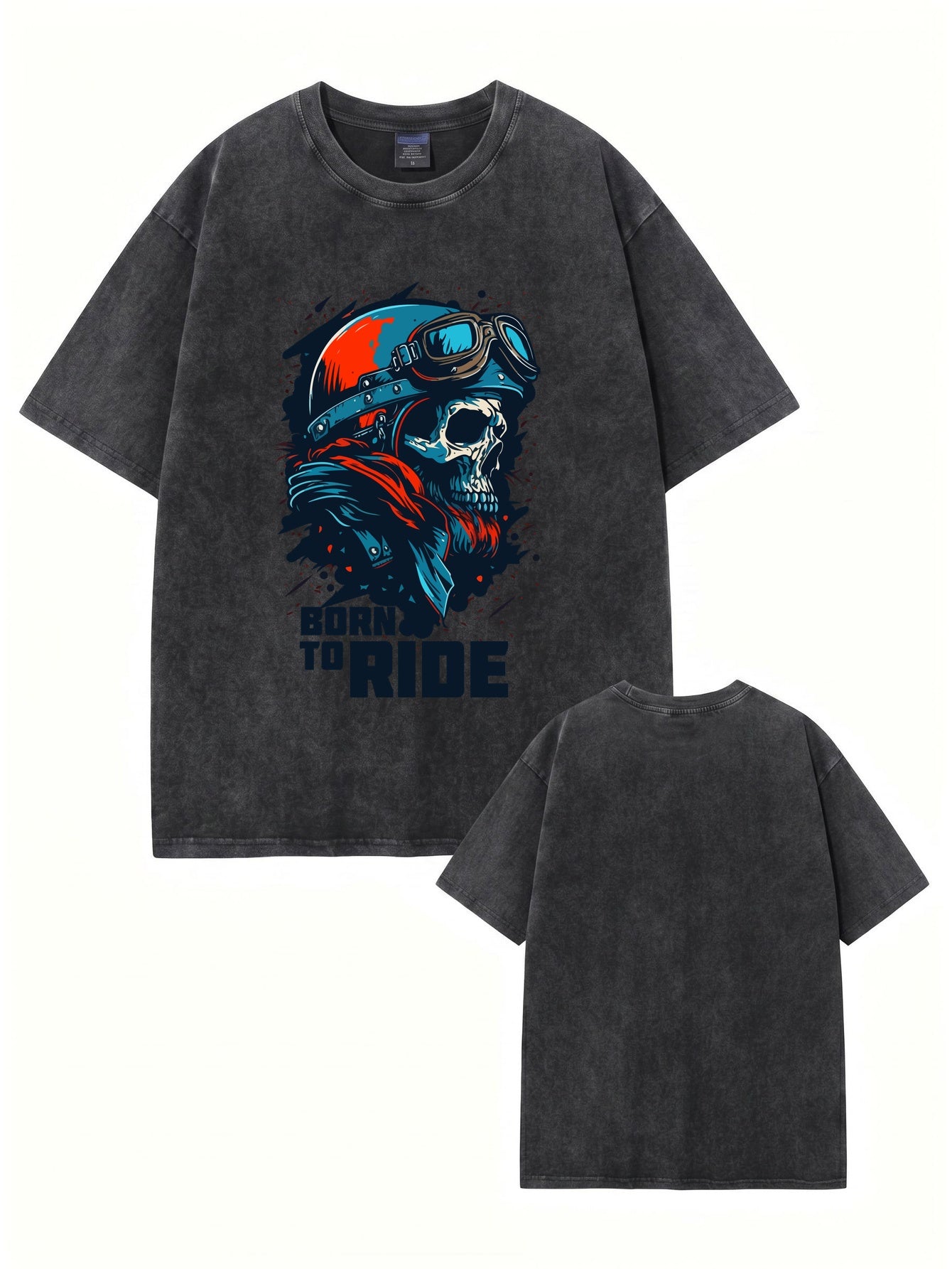 Vintage Washed Born to Ride Skull Graphic T-Shirt - Heavyweight Cotton