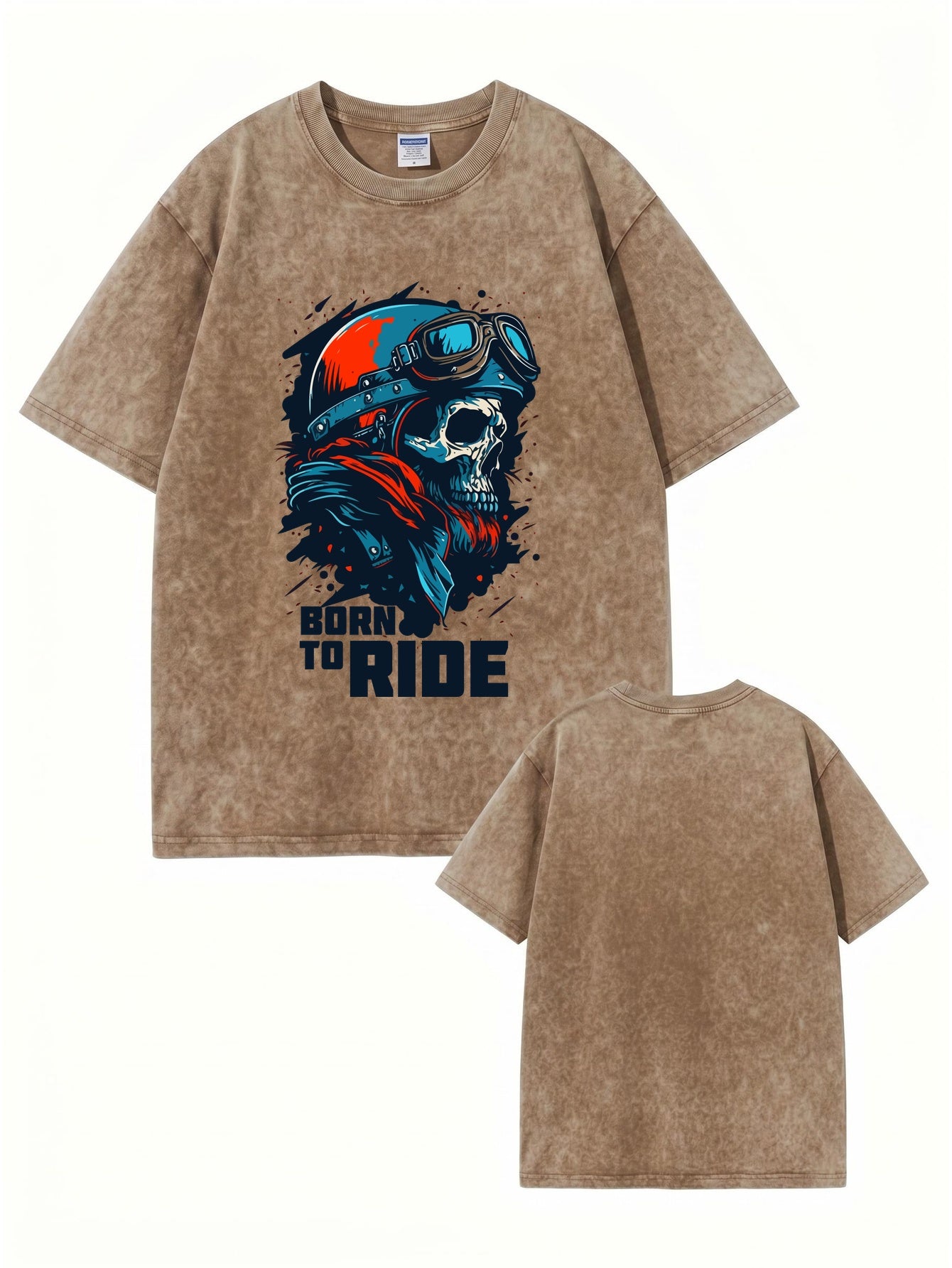 Vintage Washed Born to Ride Skull Graphic T-Shirt - Heavyweight Cotton