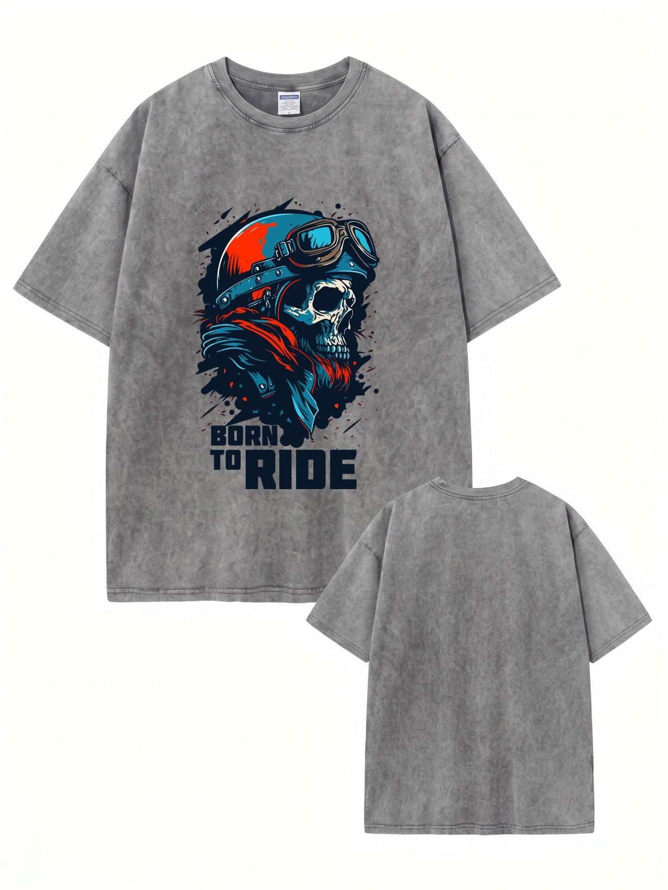 Vintage Washed Born to Ride Skull Graphic T-Shirt - Heavyweight Cotton