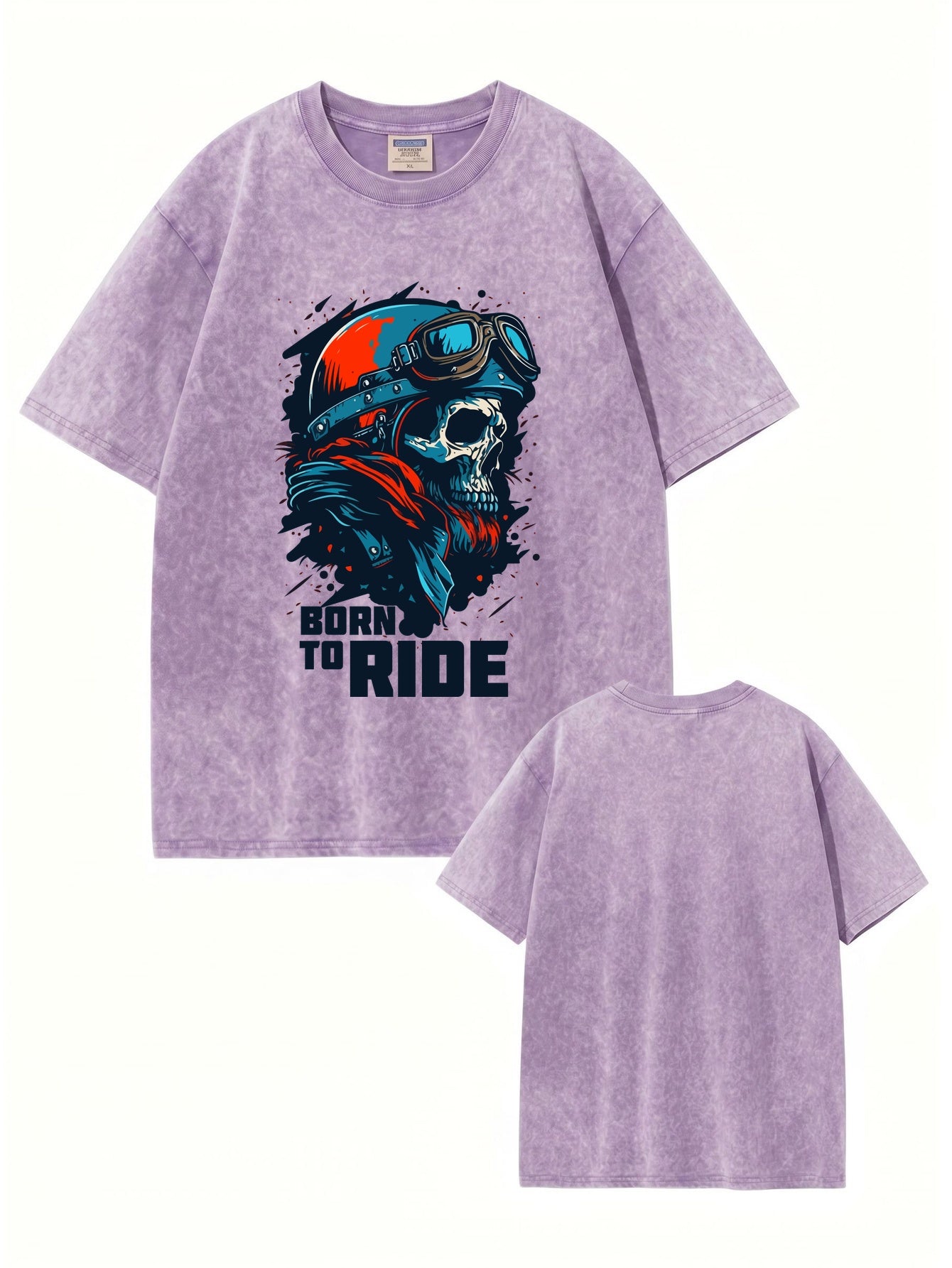 Vintage Washed Born to Ride Skull Graphic T-Shirt - Heavyweight Cotton