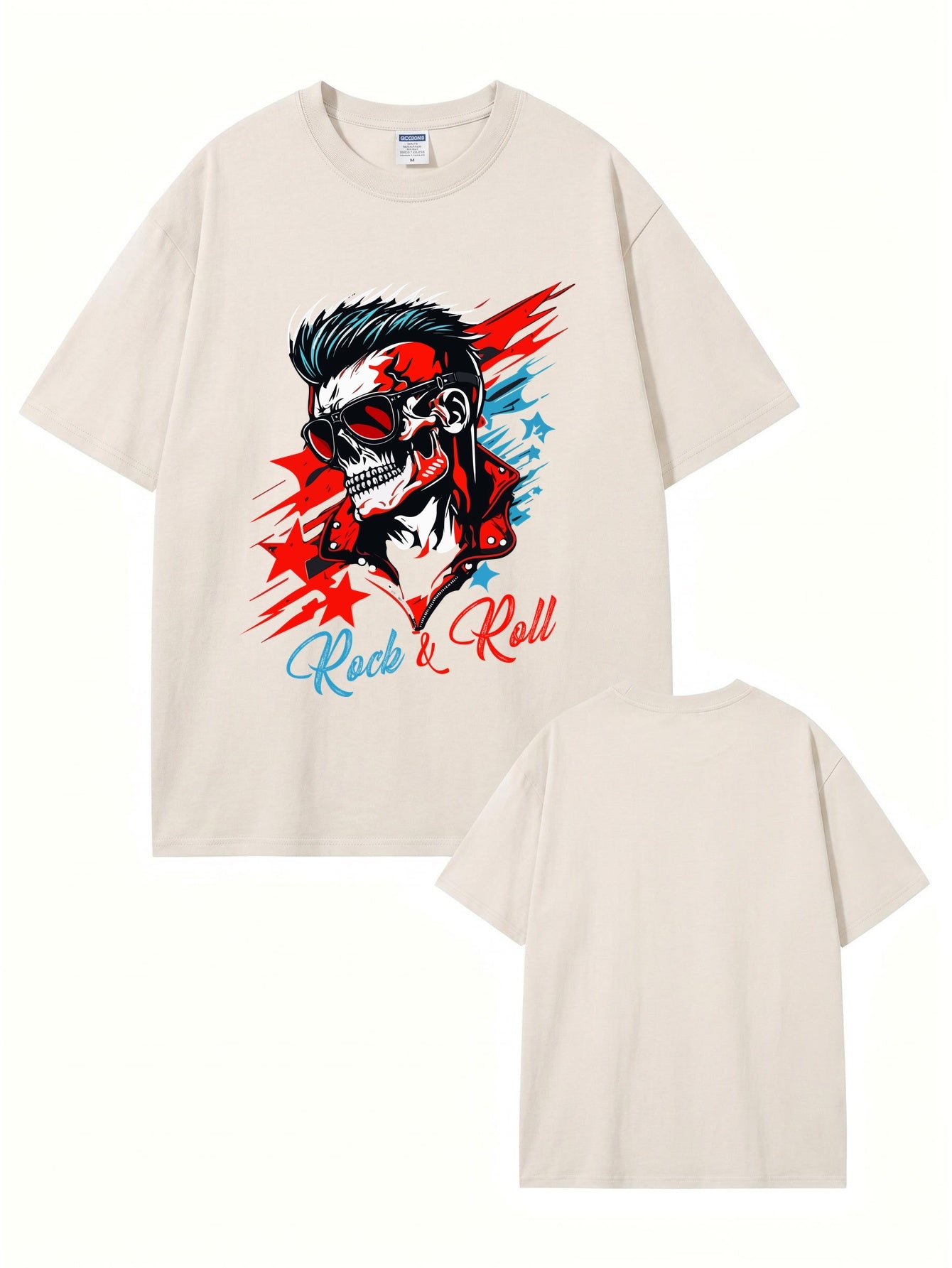 Vintage Washed Rock & Roll Skull Graphic Print Heavyweight Cotton T-Shirt