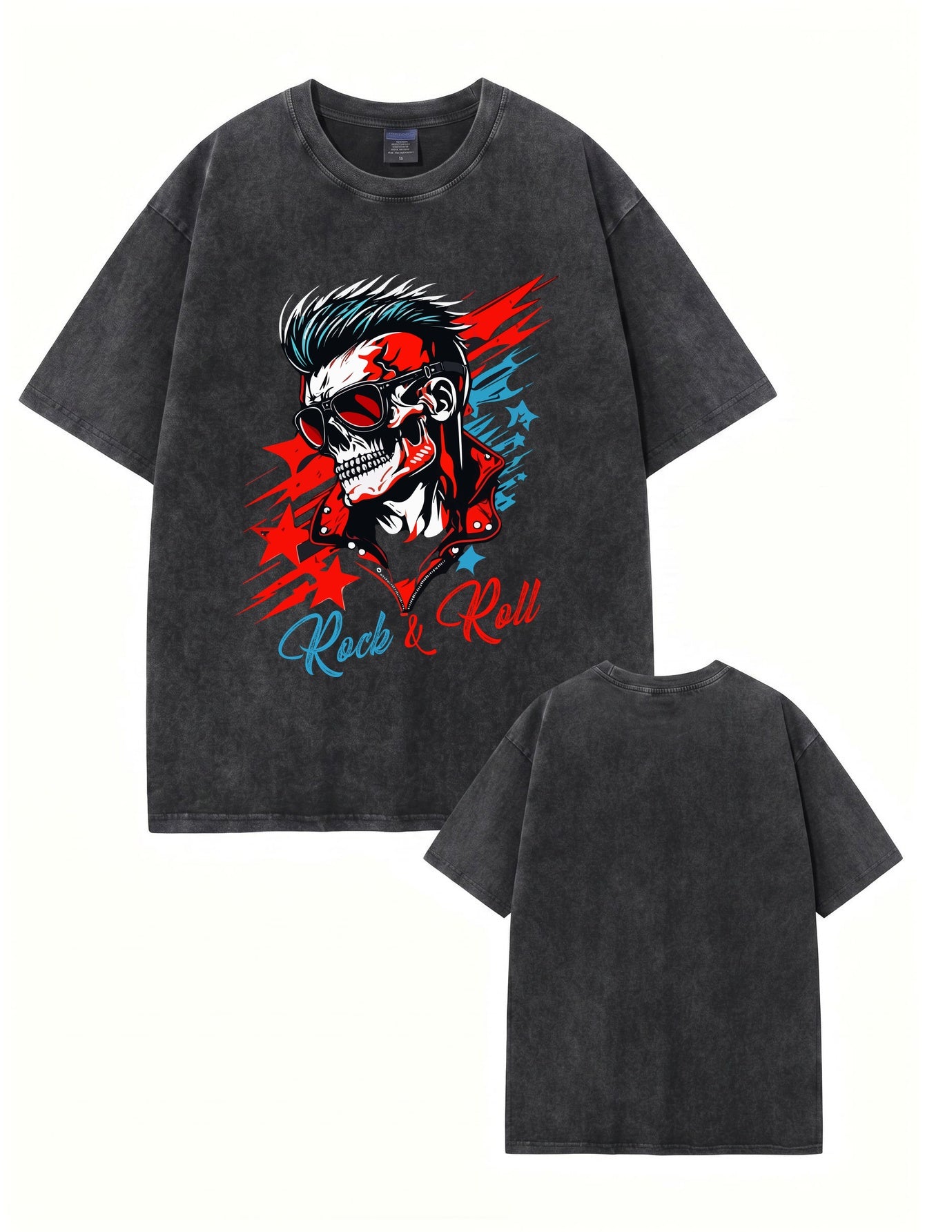 Vintage Washed Rock & Roll Skull Graphic Print Heavyweight Cotton T-Shirt