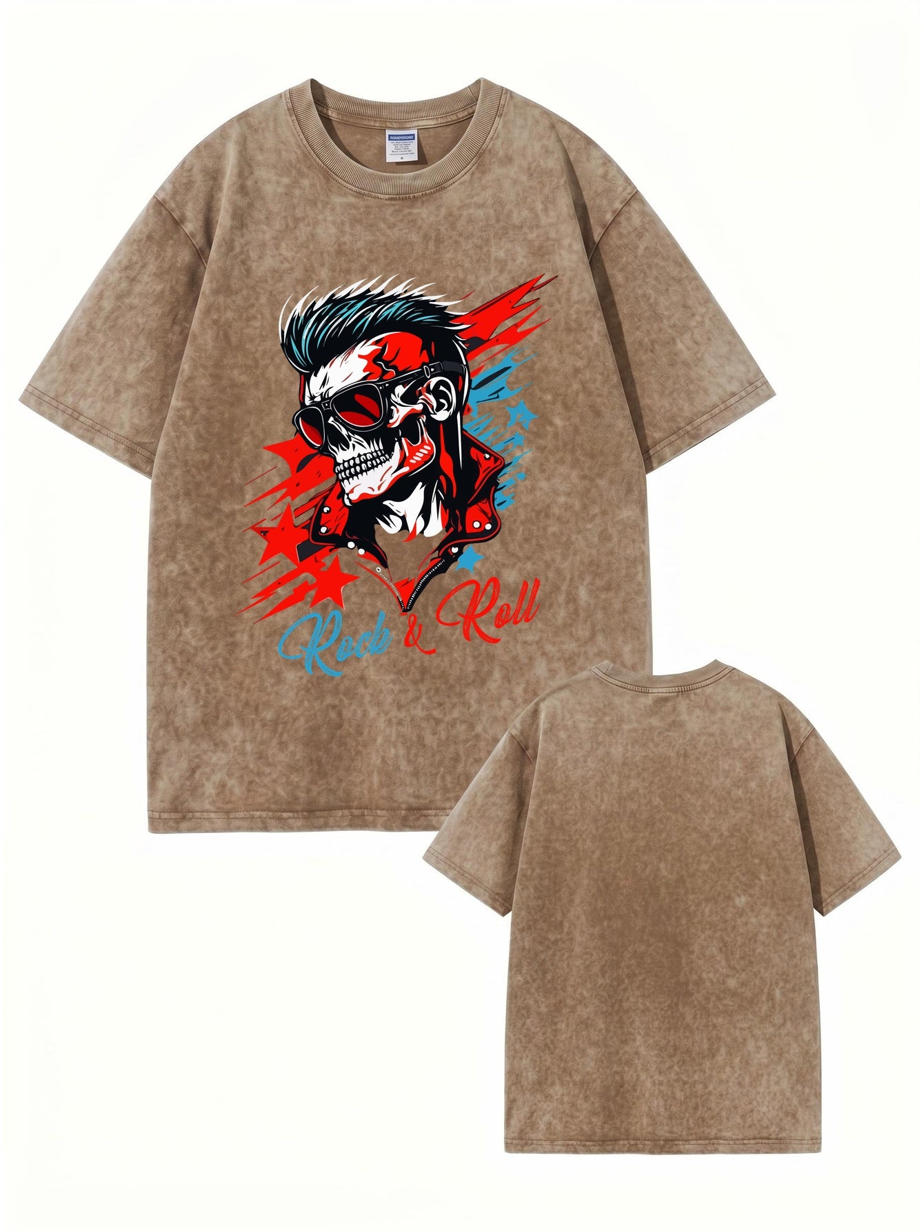 Vintage Washed Rock & Roll Skull Graphic Print Heavyweight Cotton T-Shirt