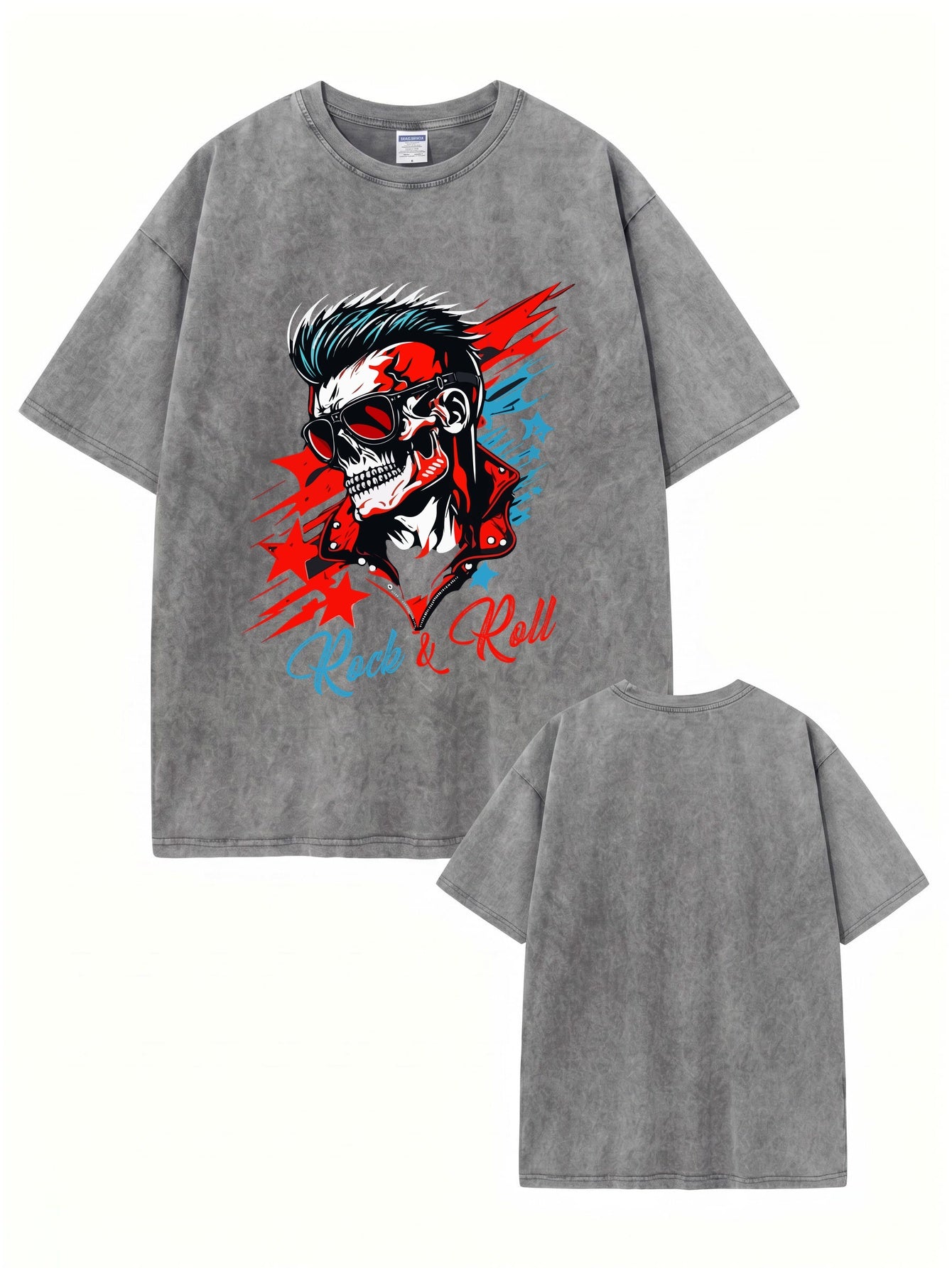 Vintage Washed Rock & Roll Skull Graphic Print Heavyweight Cotton T-Shirt