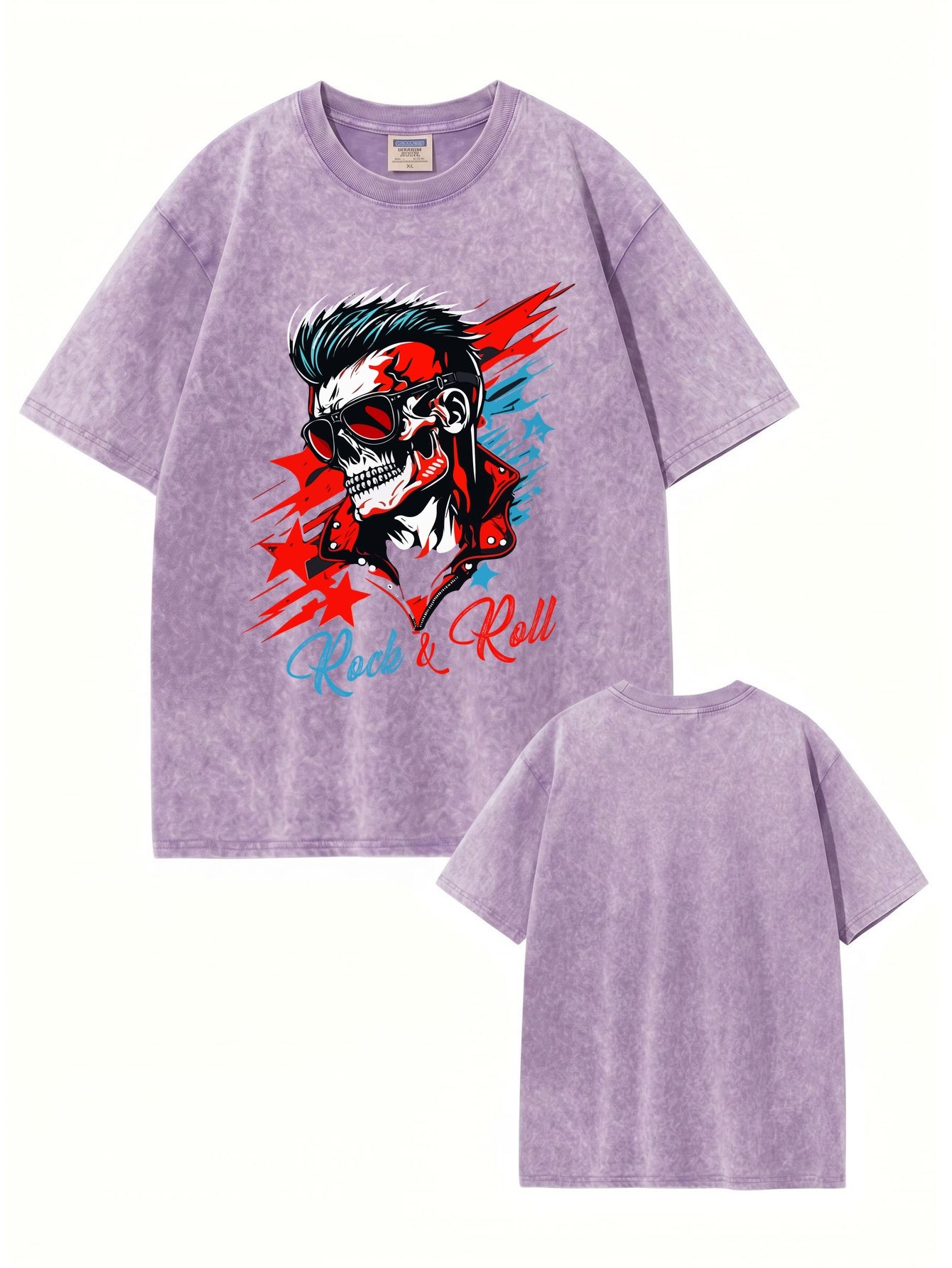 Vintage Washed Rock & Roll Skull Graphic Print Heavyweight Cotton T-Shirt