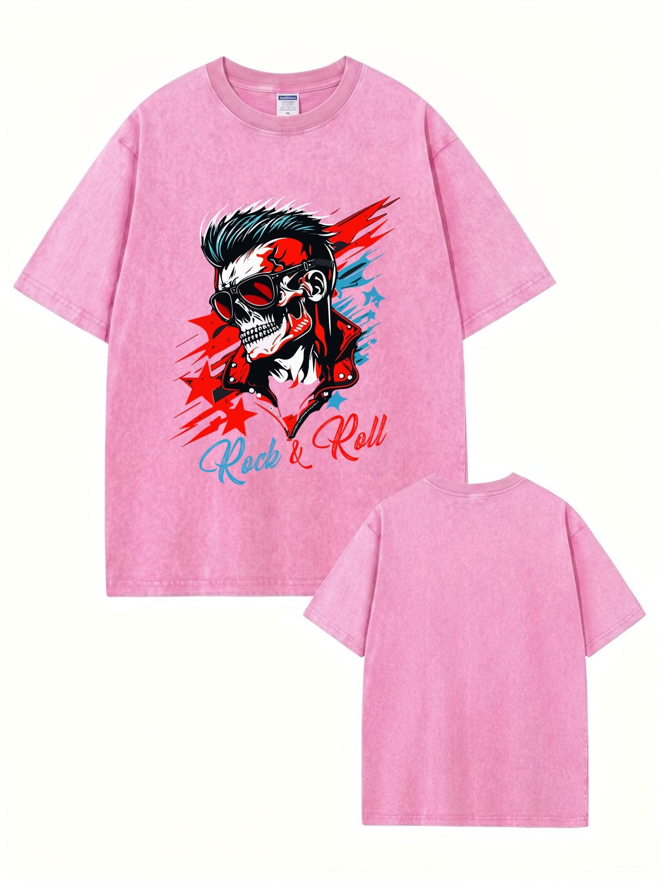 Vintage Washed Rock & Roll Skull Graphic Print Heavyweight Cotton T-Shirt