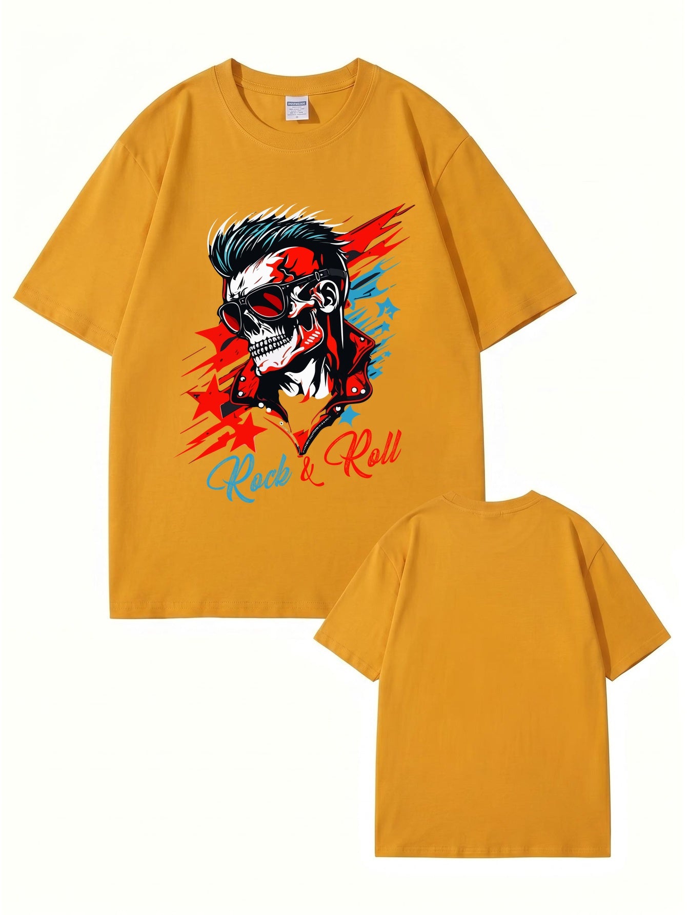 Rock & Roll Skull Graphic Print Men's 200gsm Heavyweight Cotton T-Shirt