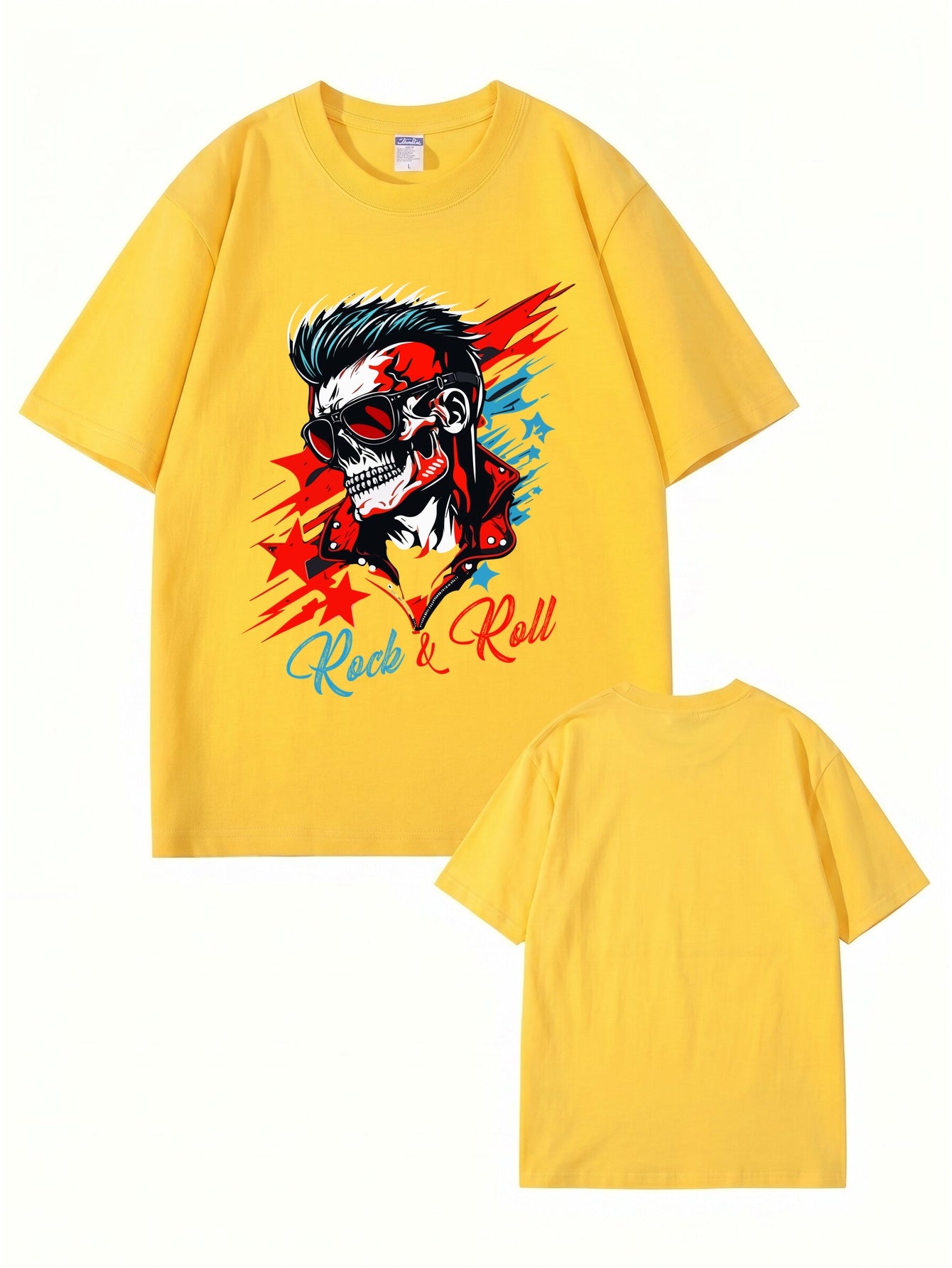 Rock & Roll Skull Graphic Print Men's 200gsm Heavyweight Cotton T-Shirt