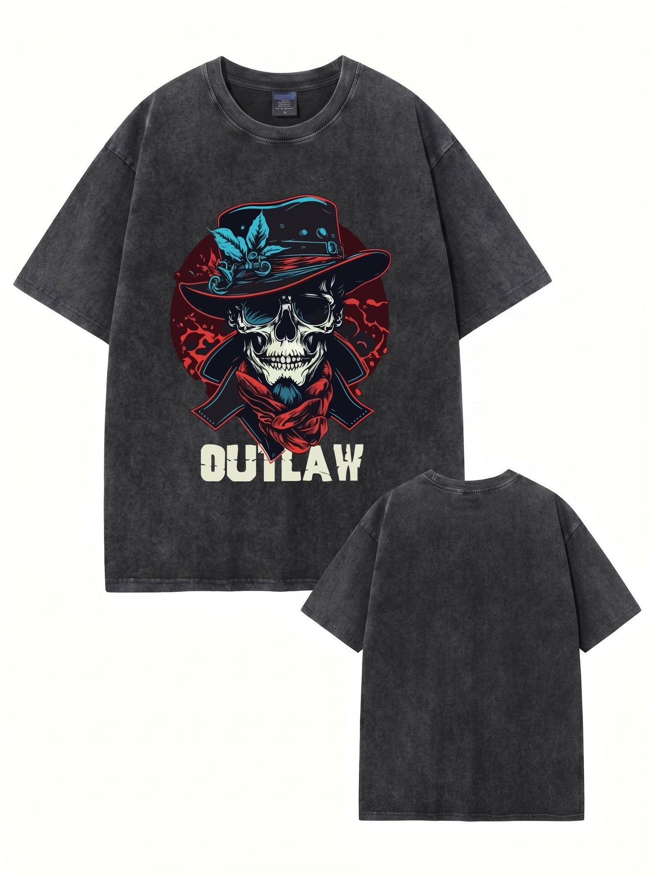 Vintage Washed Outlaw Skull Graphic Tee - Heavyweight Cotton Streetwear