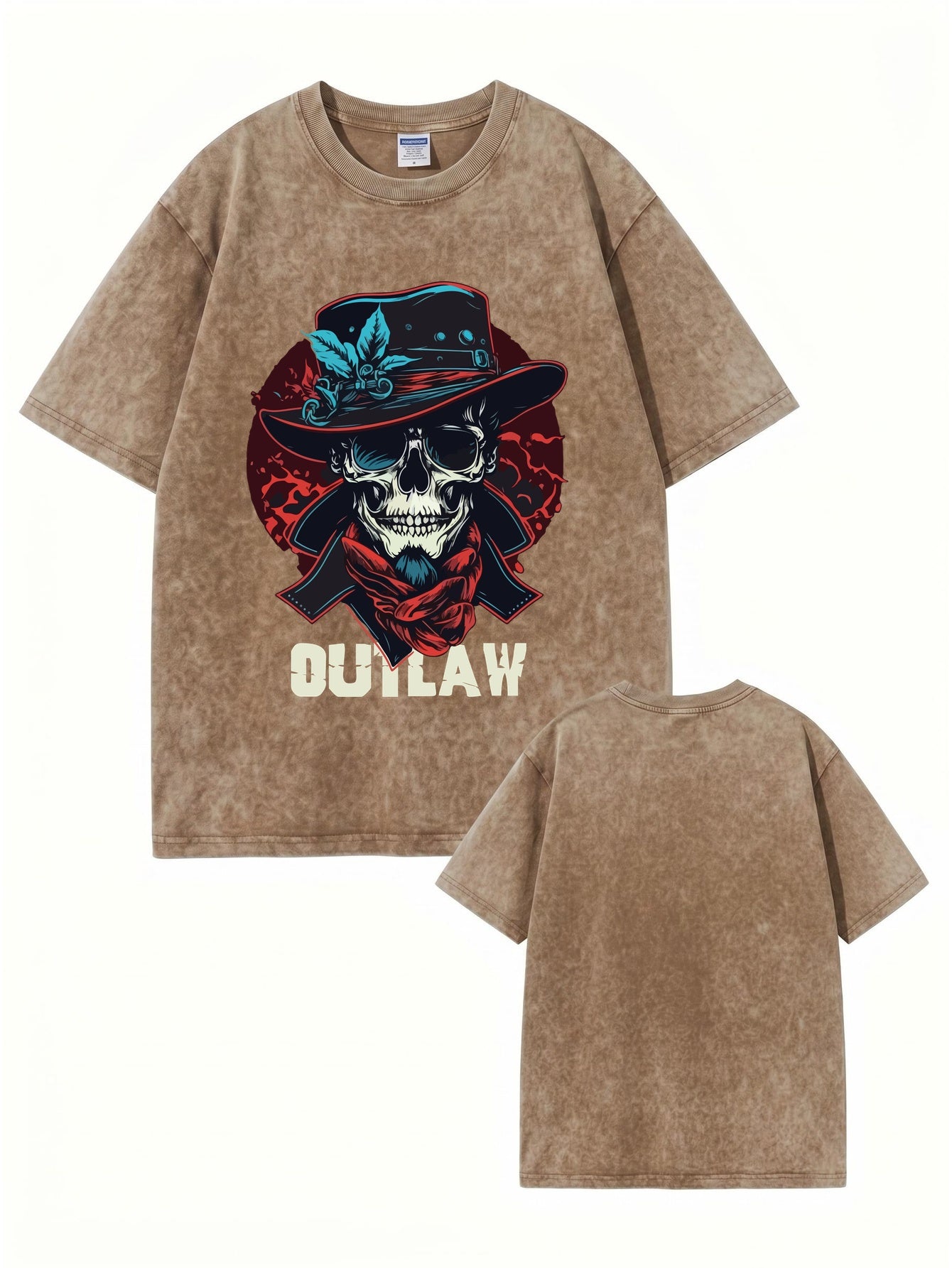 Vintage Washed Outlaw Skull Graphic Tee - Heavyweight Cotton Streetwear