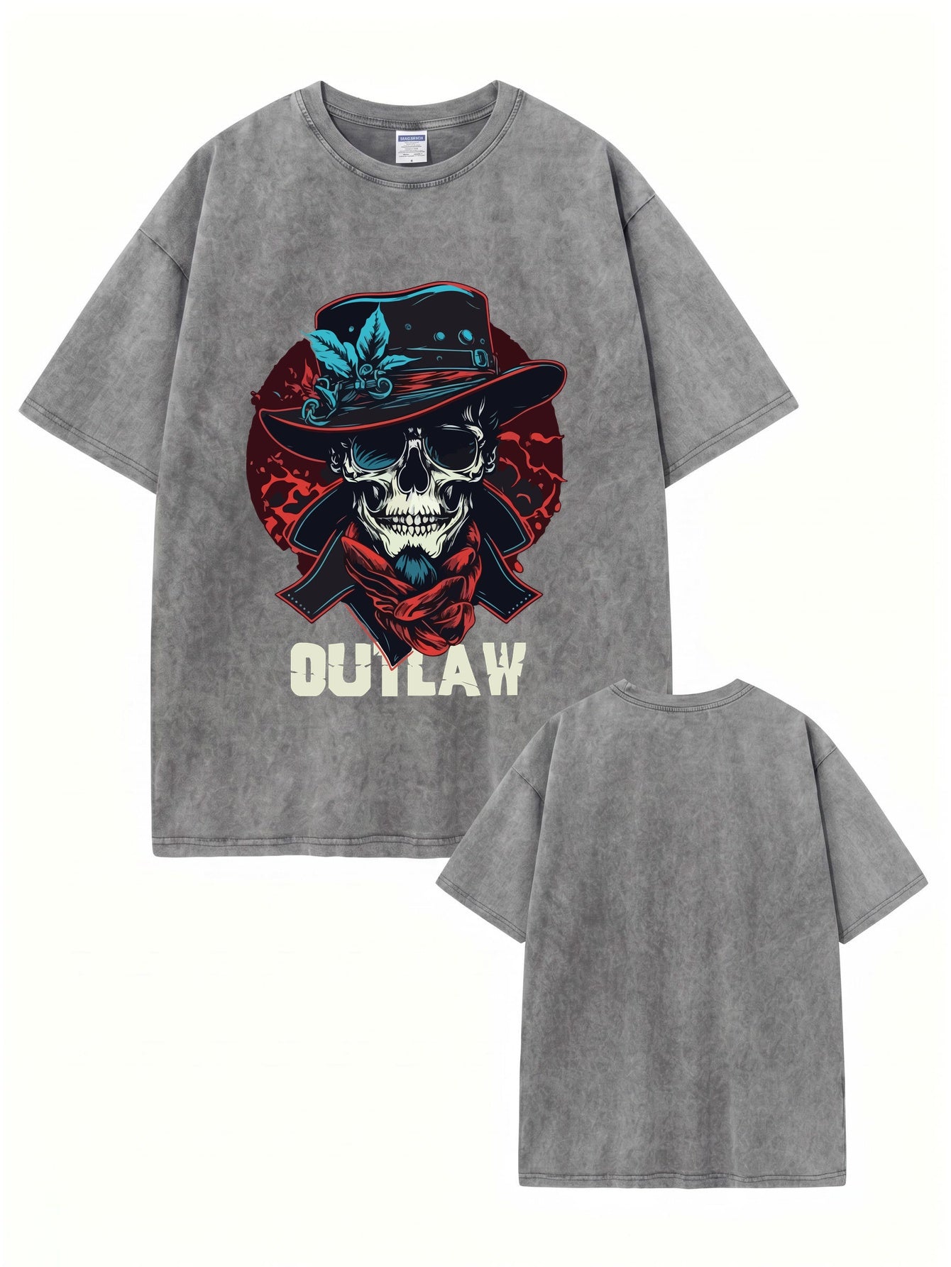 Vintage Washed Outlaw Skull Graphic Tee - Heavyweight Cotton Streetwear
