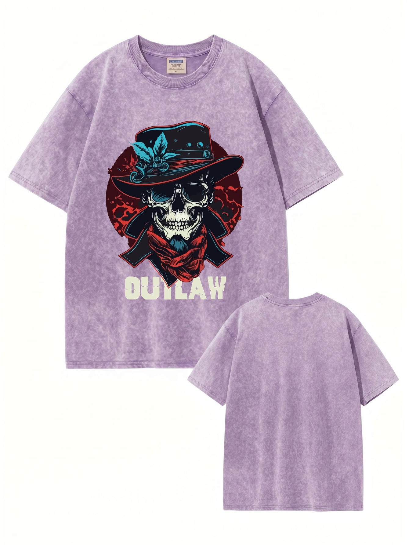 Vintage Washed Outlaw Skull Graphic Tee - Heavyweight Cotton Streetwear
