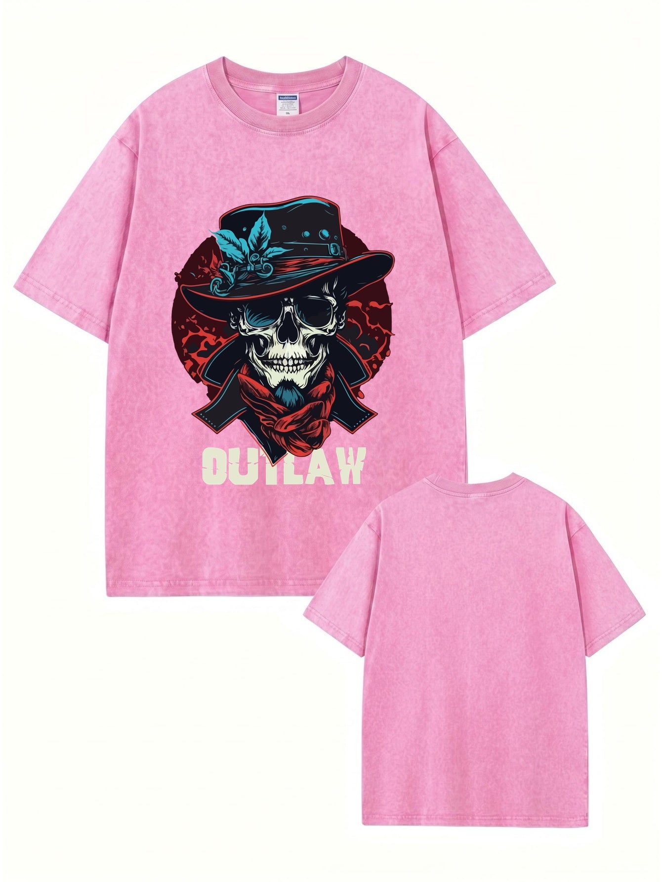 Vintage Washed Outlaw Skull Graphic Tee - Heavyweight Cotton Streetwear