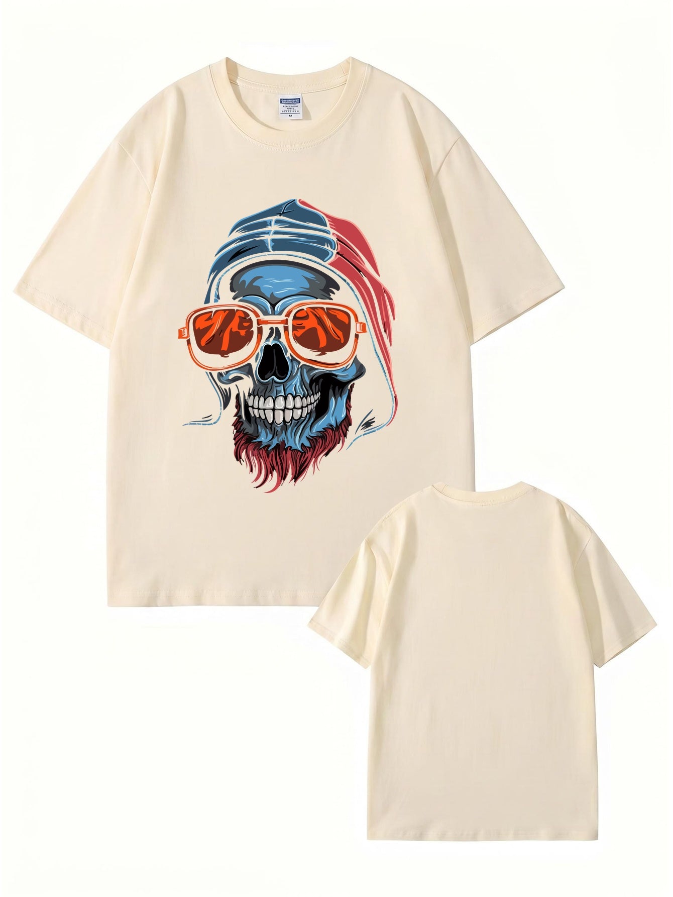 Cool Skull Graphic Print T-Shirt with Sunglasses & Hooded Design