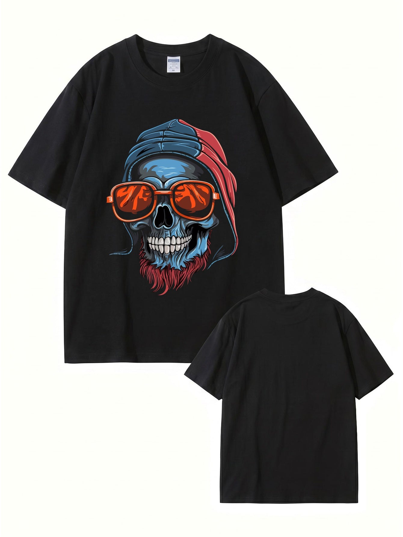 Cool Skull Graphic Print T-Shirt with Sunglasses & Hooded Design