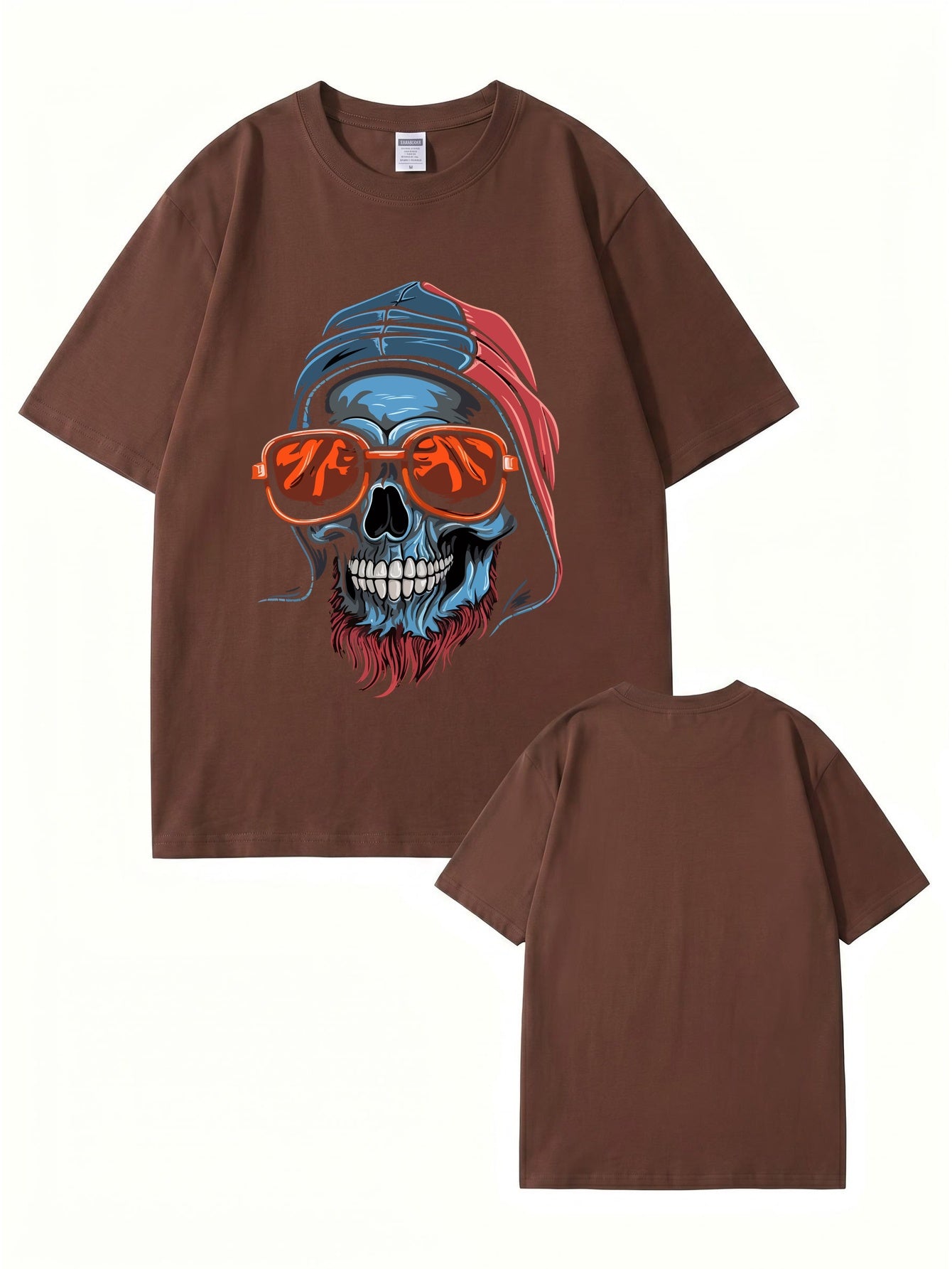 Cool Skull Graphic Print T-Shirt with Sunglasses & Hooded Design
