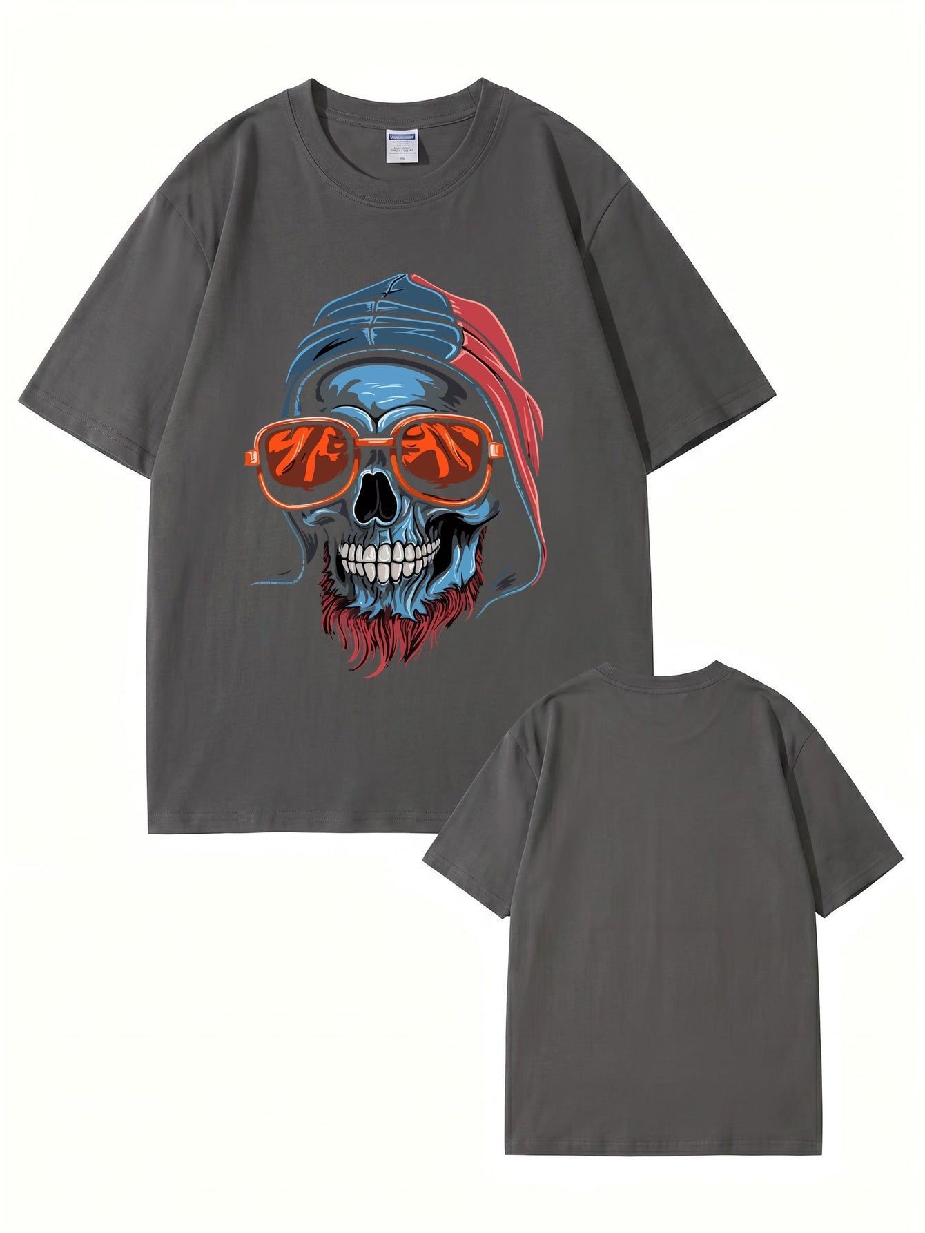 Cool Skull Graphic Print T-Shirt with Sunglasses & Hooded Design