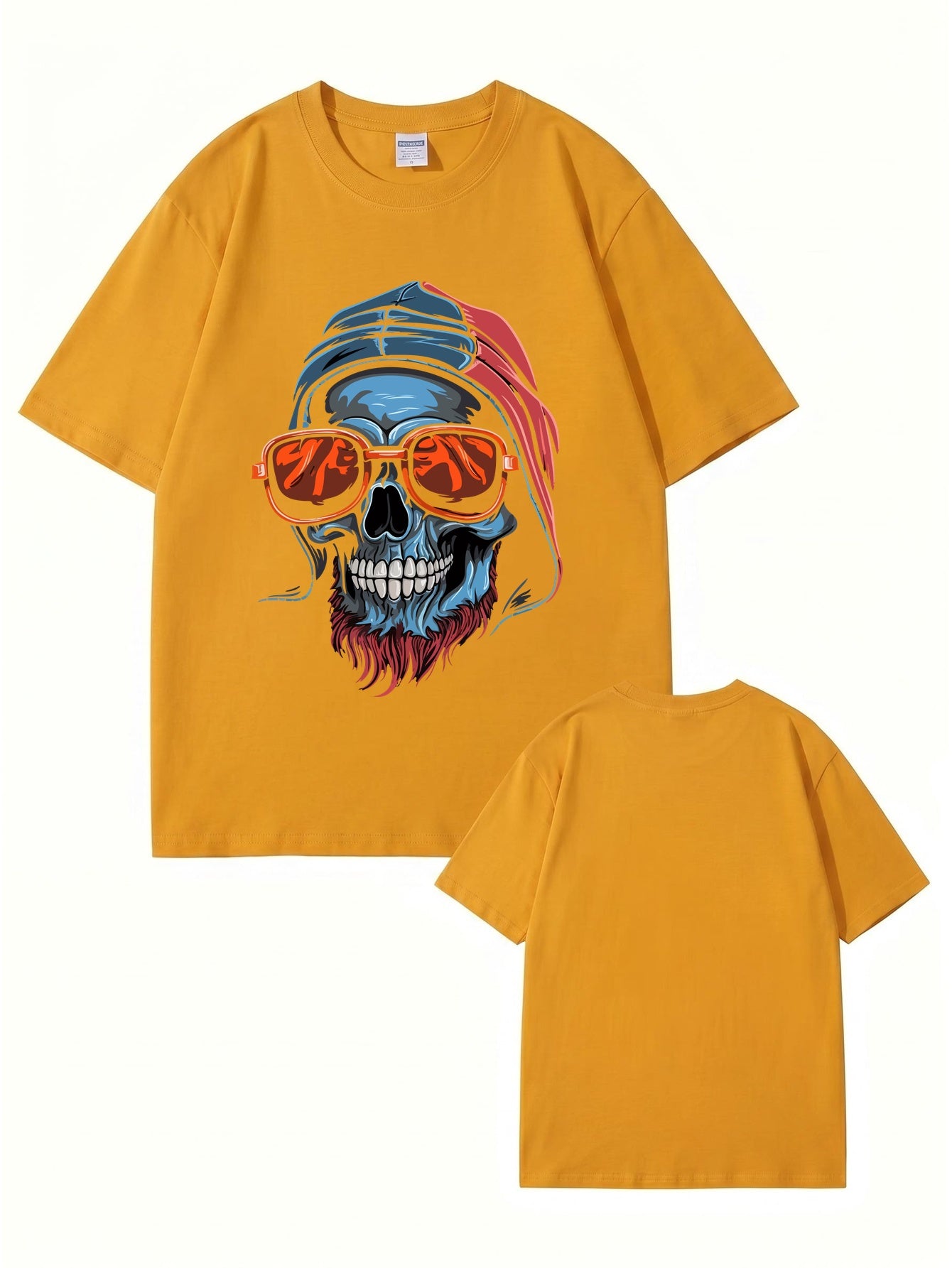 Cool Skull Graphic Print T-Shirt with Sunglasses & Hooded Design