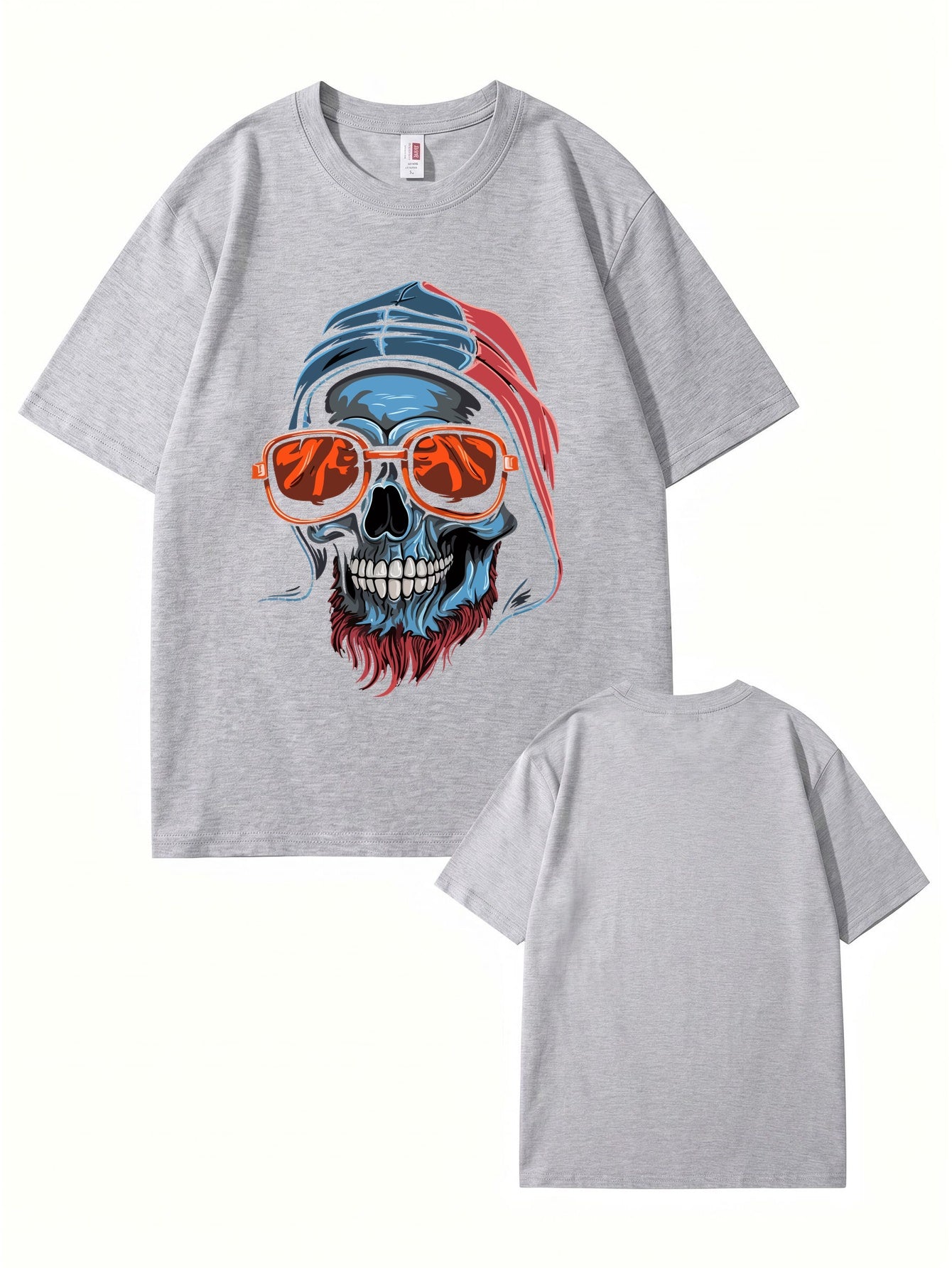Cool Skull Graphic Print T-Shirt with Sunglasses & Hooded Design