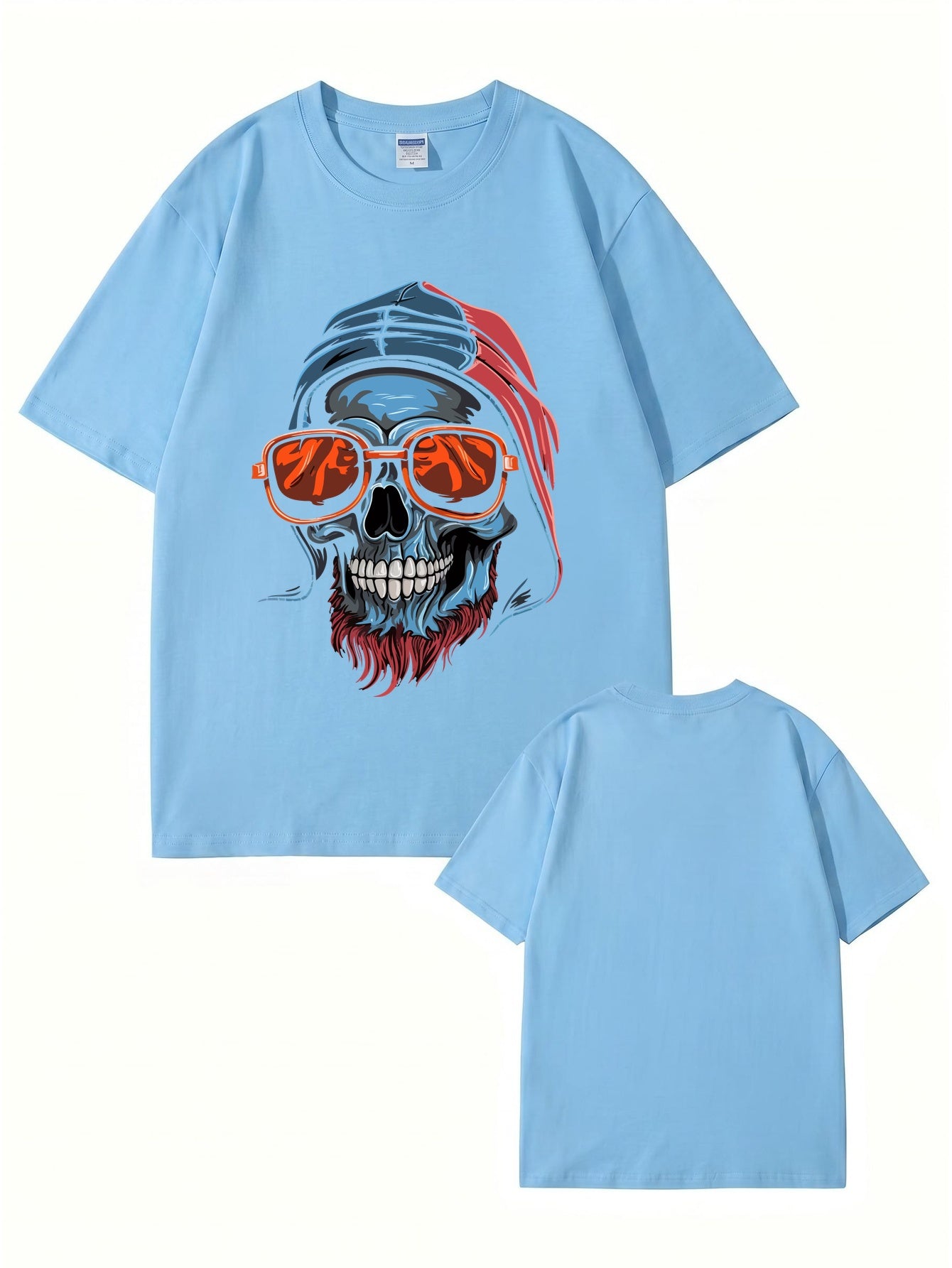 Cool Skull Graphic Print T-Shirt with Sunglasses & Hooded Design