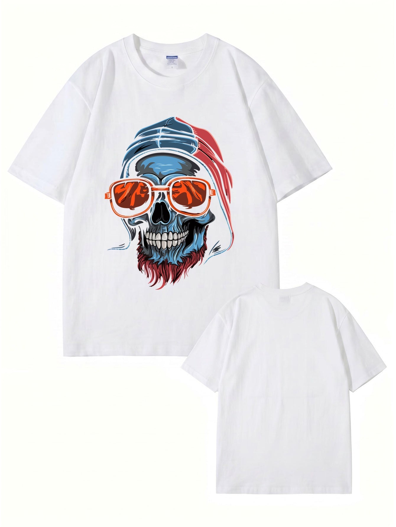 Cool Skull Graphic Print T-Shirt with Sunglasses & Hooded Design