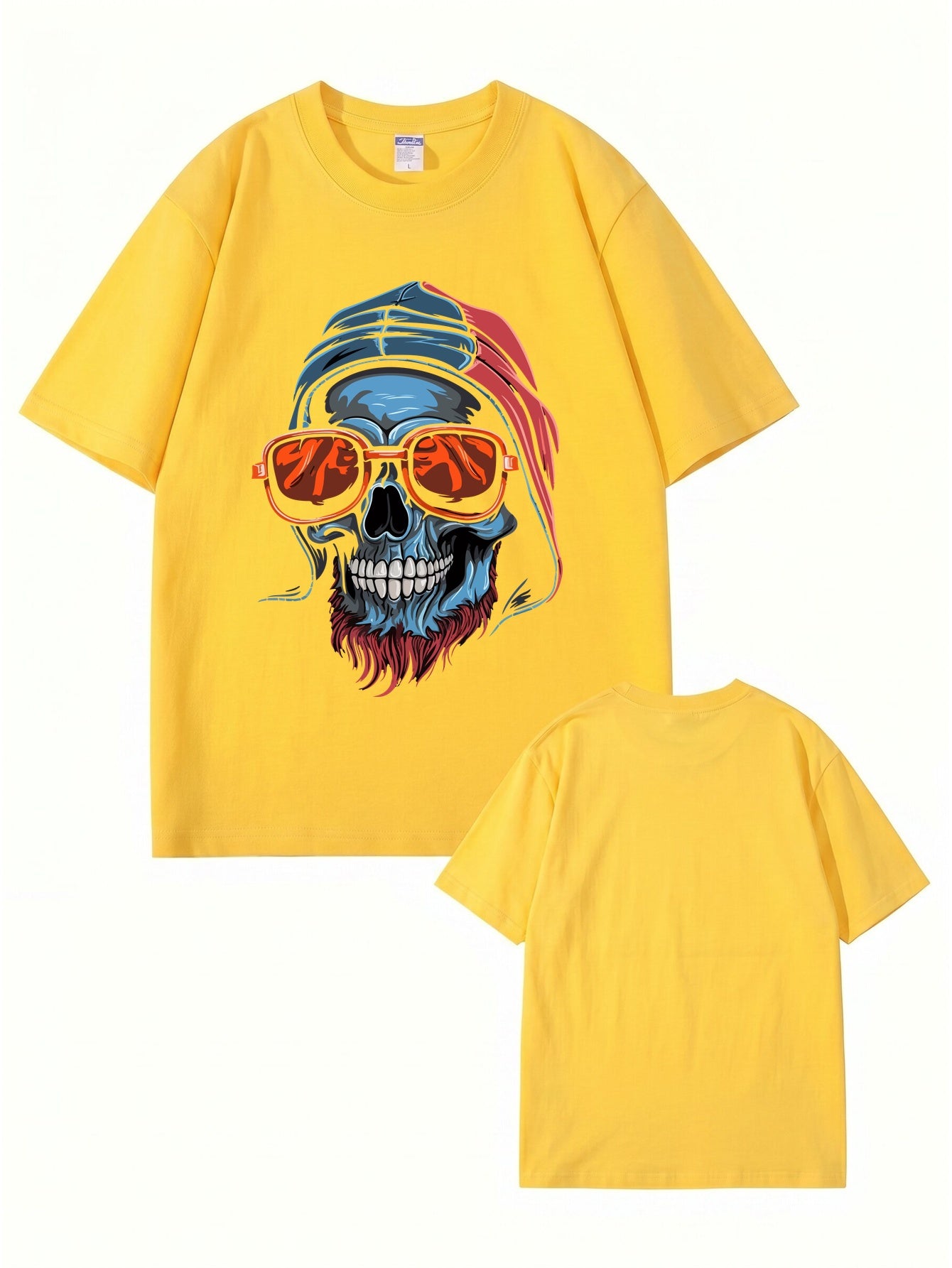 Cool Skull Graphic Print T-Shirt with Sunglasses & Hooded Design
