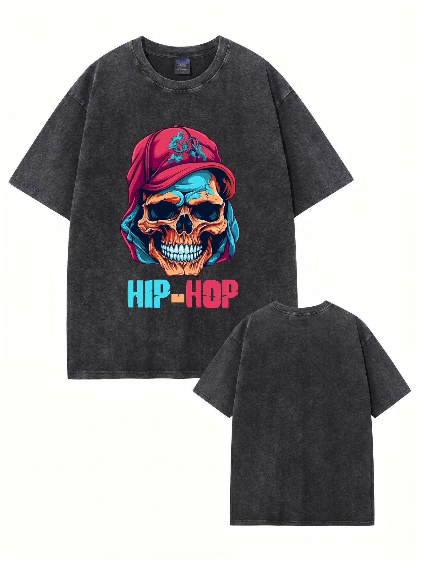 Vintage Washed Hip-Hop Skull Graphic Cotton T-Shirt
