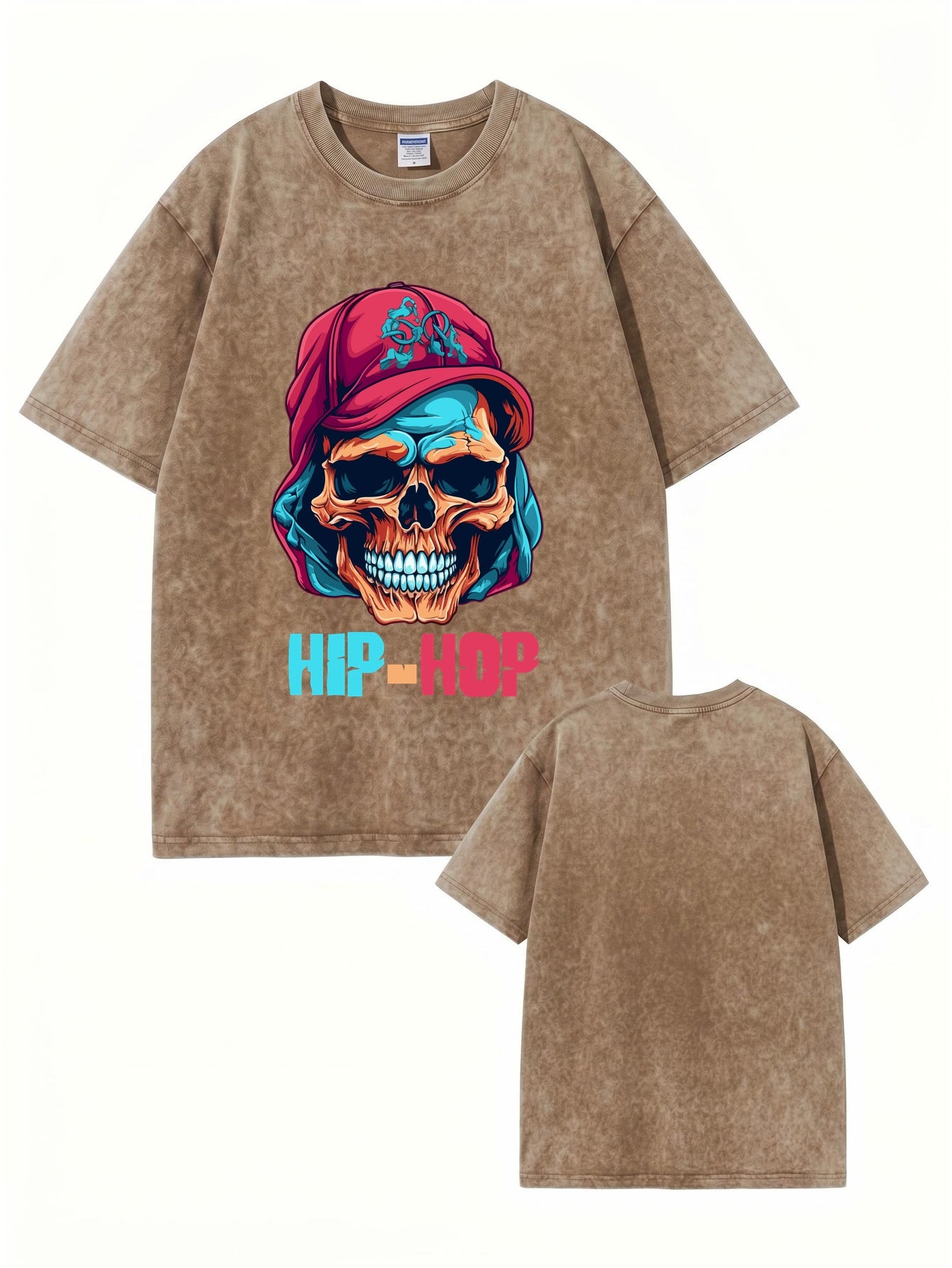 Vintage Washed Hip-Hop Skull Graphic Cotton T-Shirt