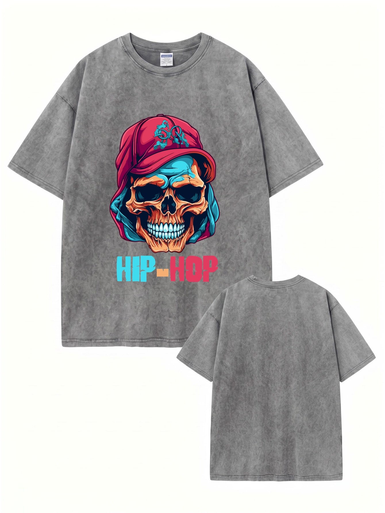 Vintage Washed Hip-Hop Skull Graphic Cotton T-Shirt