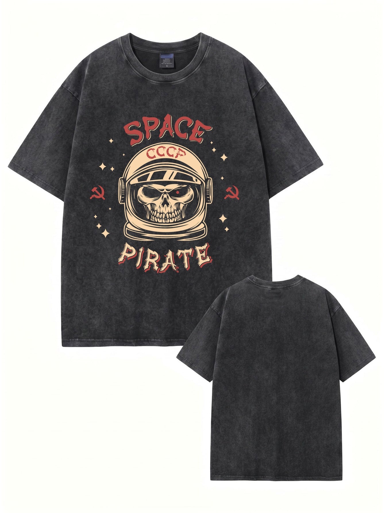 Vintage Washed Space Pirate Skull Graphic T-Shirt - USSR CCCP Aesthetic