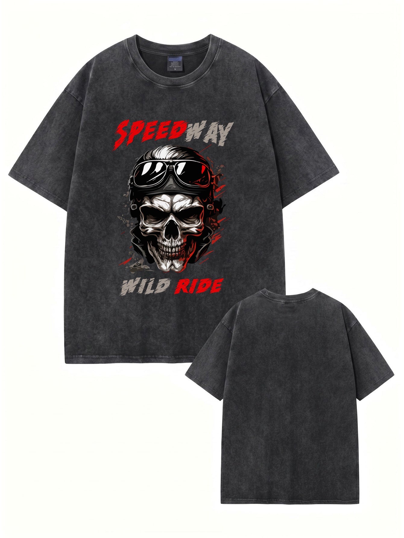 Vintage Washed Speedway Skull Graphic T-Shirt - Wild Ride Biker Tee
