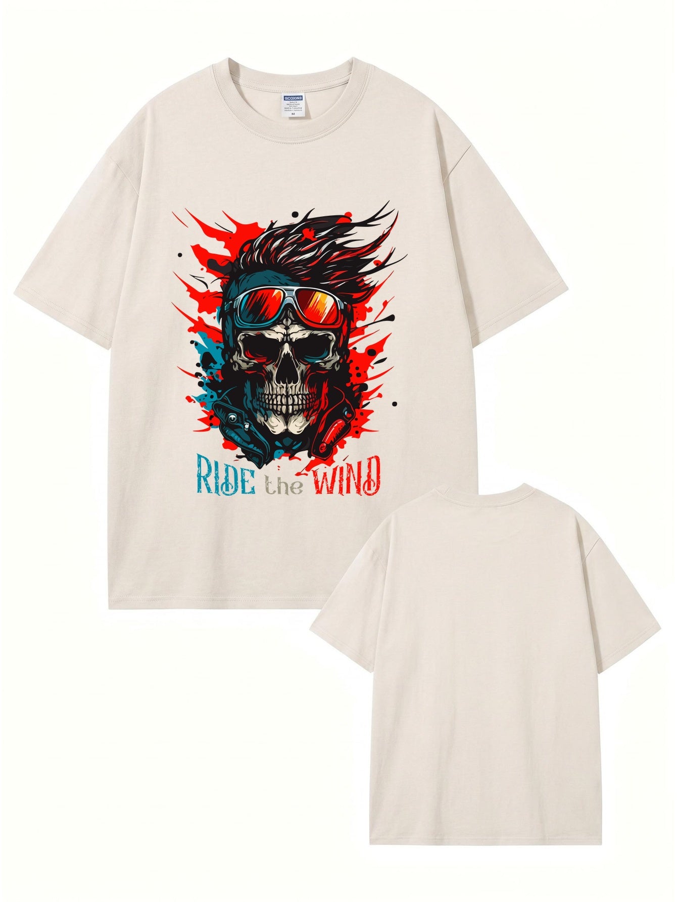 Vintage Washed Oversized T-Shirt - Ride the Wind Skull Graphic Print Tee