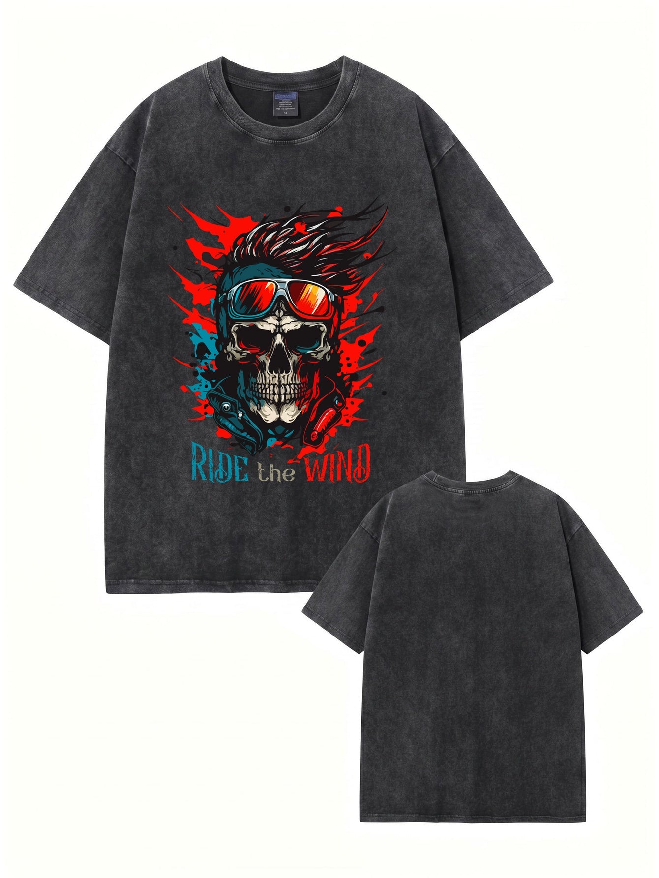 Vintage Washed Oversized T-Shirt - Ride the Wind Skull Graphic Print Tee