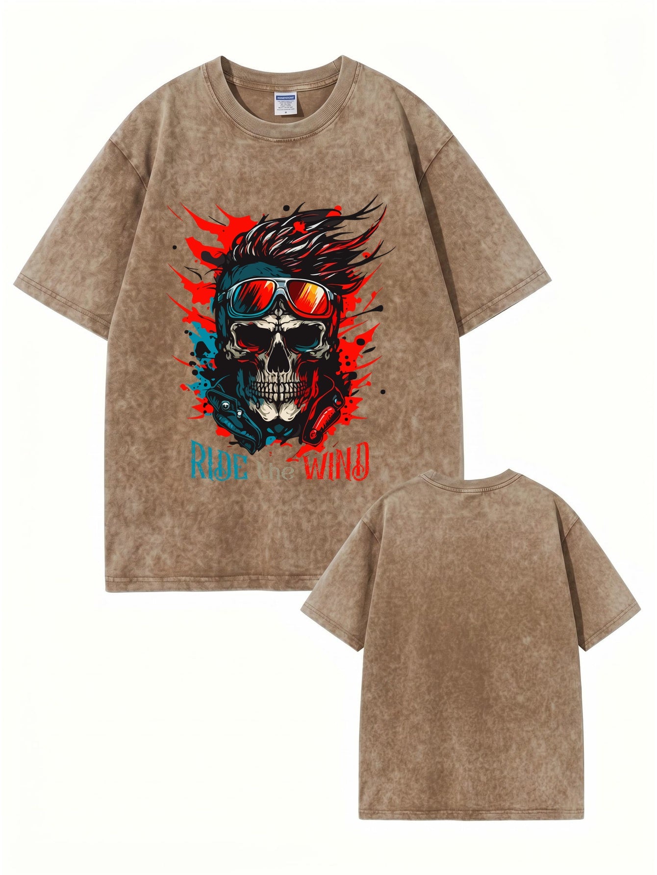 Vintage Washed Oversized T-Shirt - Ride the Wind Skull Graphic Print Tee