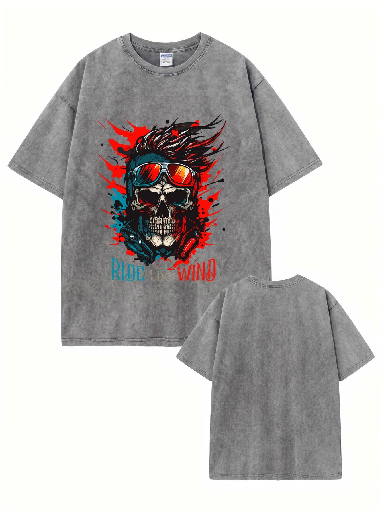 Vintage Washed Oversized T-Shirt - Ride the Wind Skull Graphic Print Tee