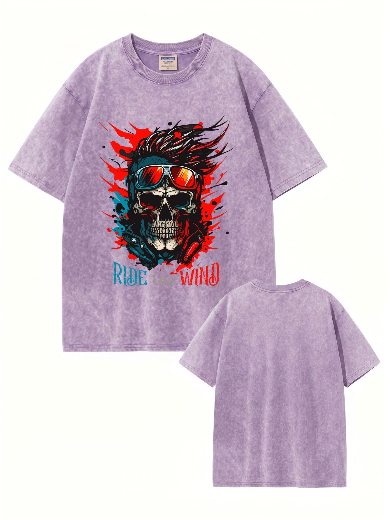 Vintage Washed Oversized T-Shirt - Ride the Wind Skull Graphic Print Tee