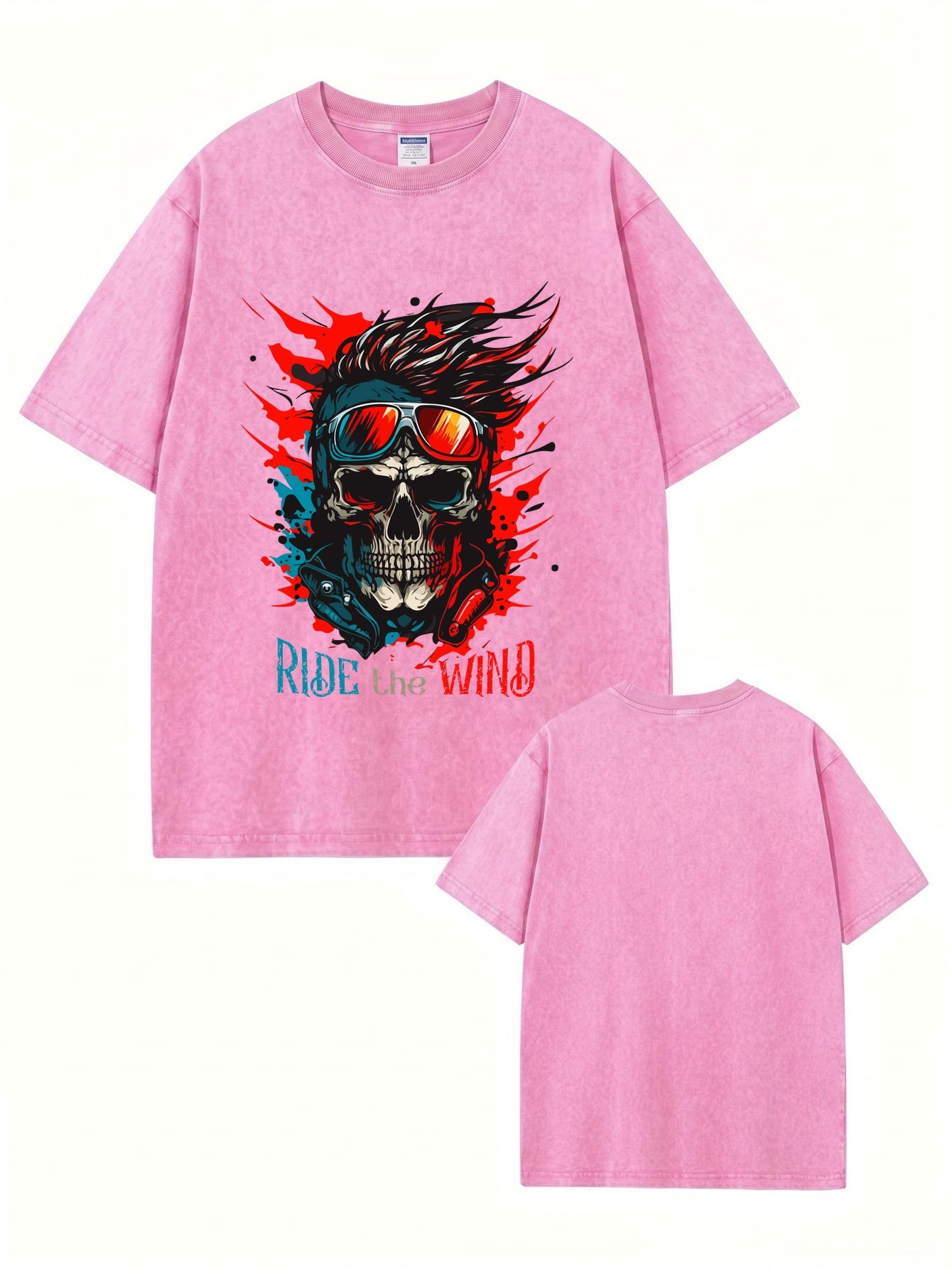 Vintage Washed Oversized T-Shirt - Ride the Wind Skull Graphic Print Tee