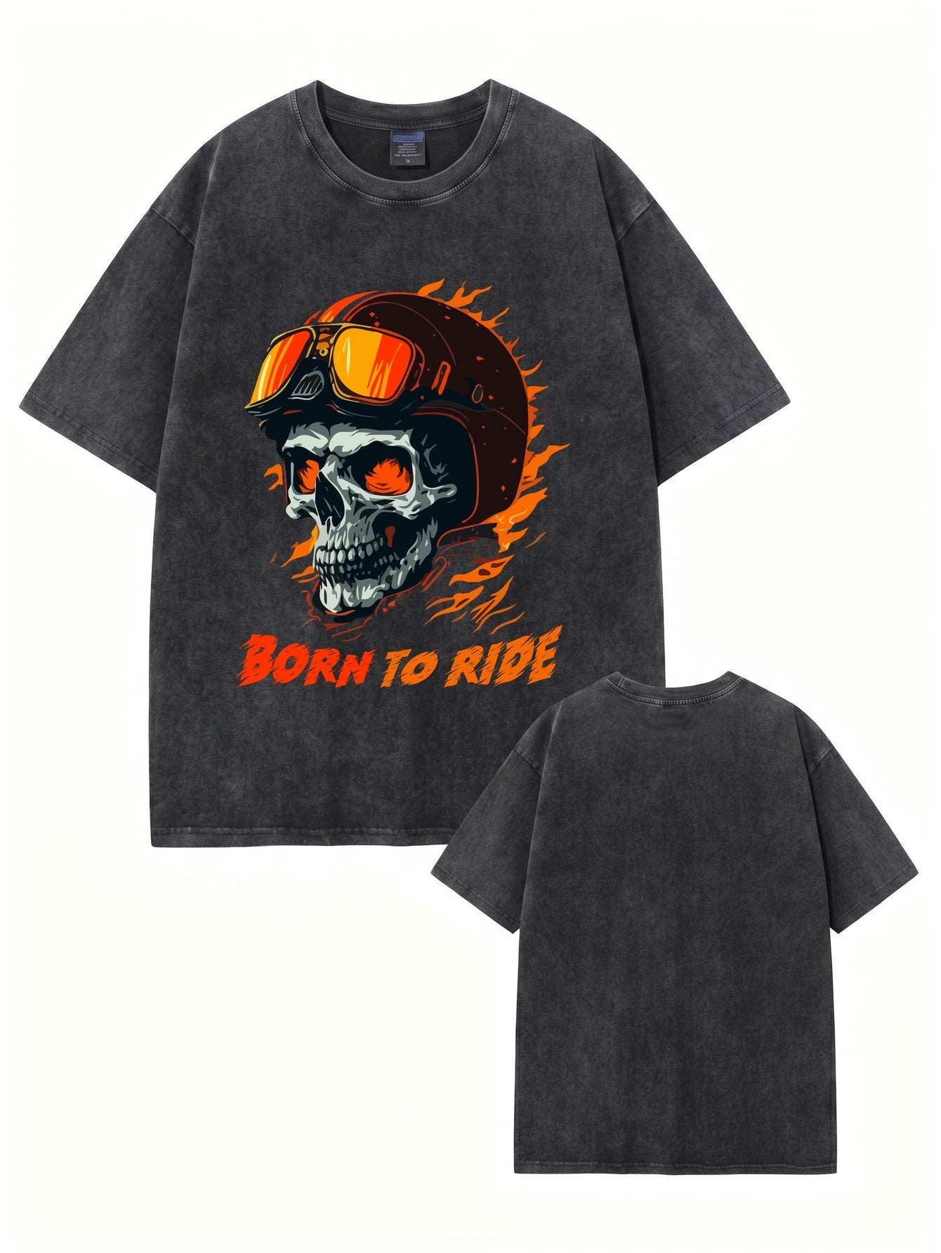 Born To Ride Skull Graphic Vintage Washed Heavyweight Cotton T-Shirt