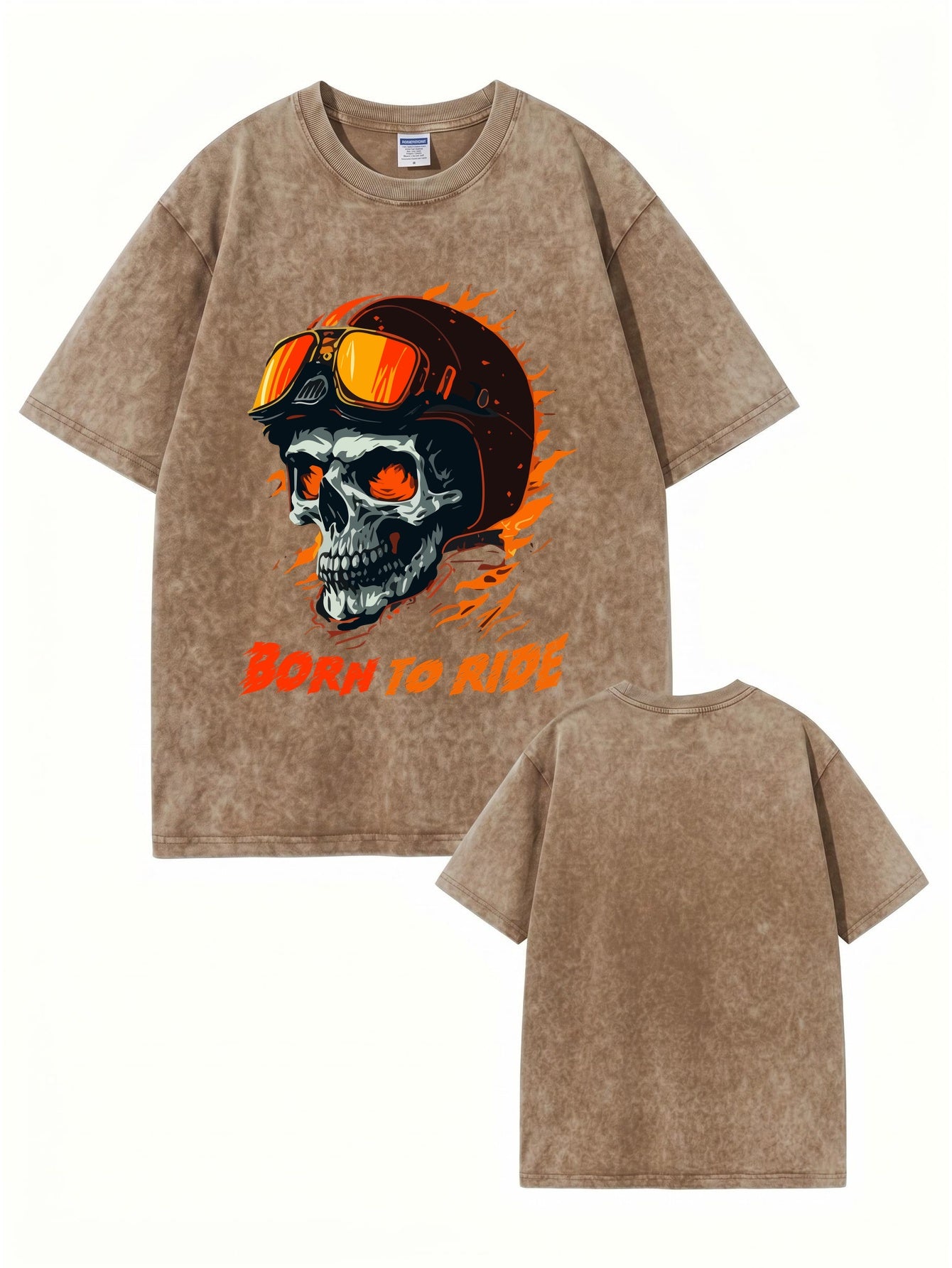 Born To Ride Skull Graphic Vintage Washed Heavyweight Cotton T-Shirt