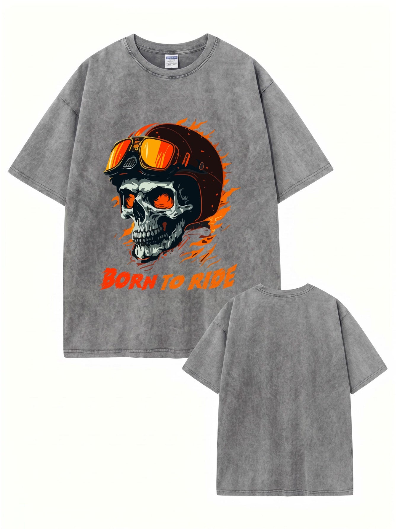 Born To Ride Skull Graphic Vintage Washed Heavyweight Cotton T-Shirt
