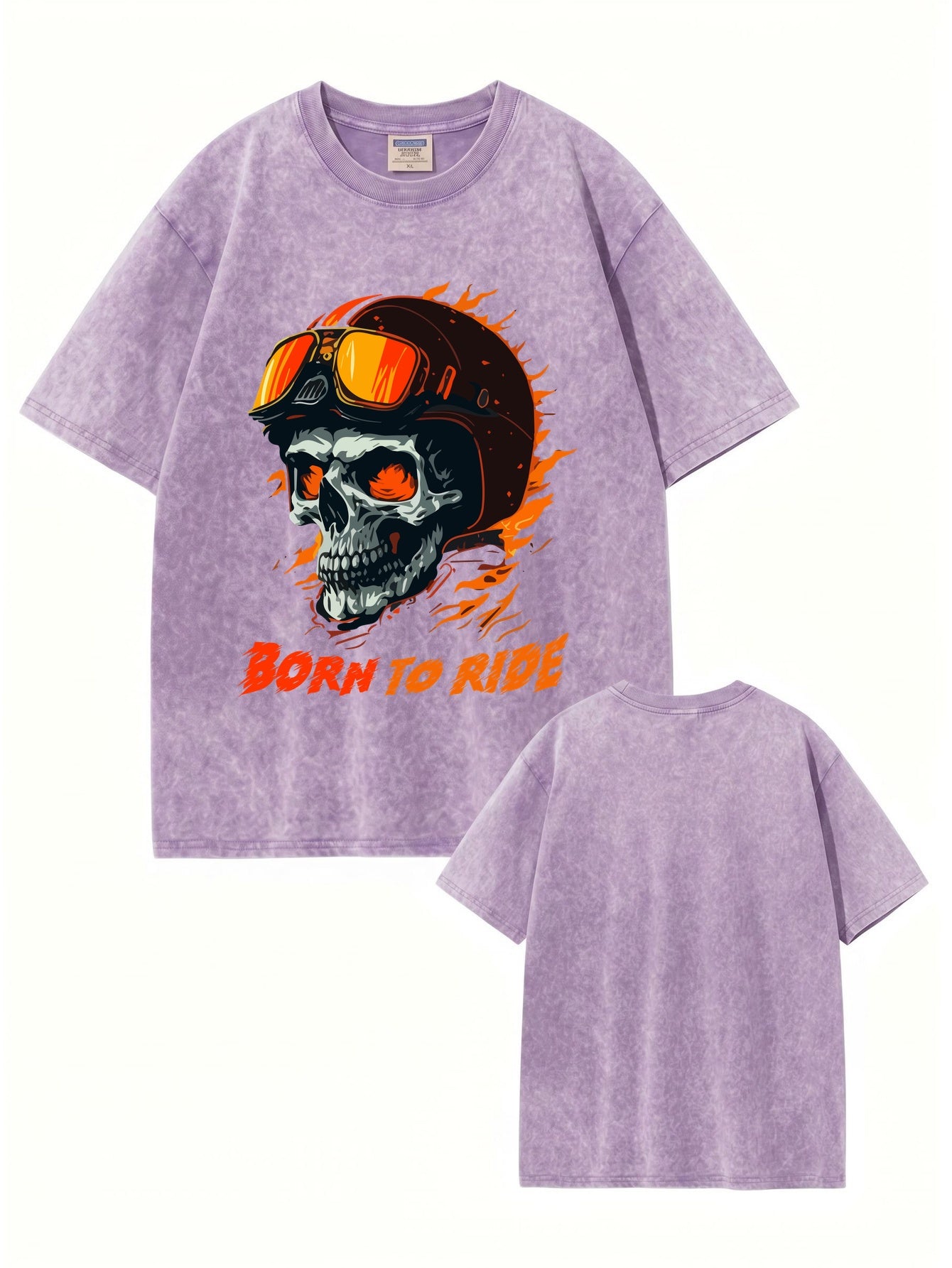 Born To Ride Skull Graphic Vintage Washed Heavyweight Cotton T-Shirt