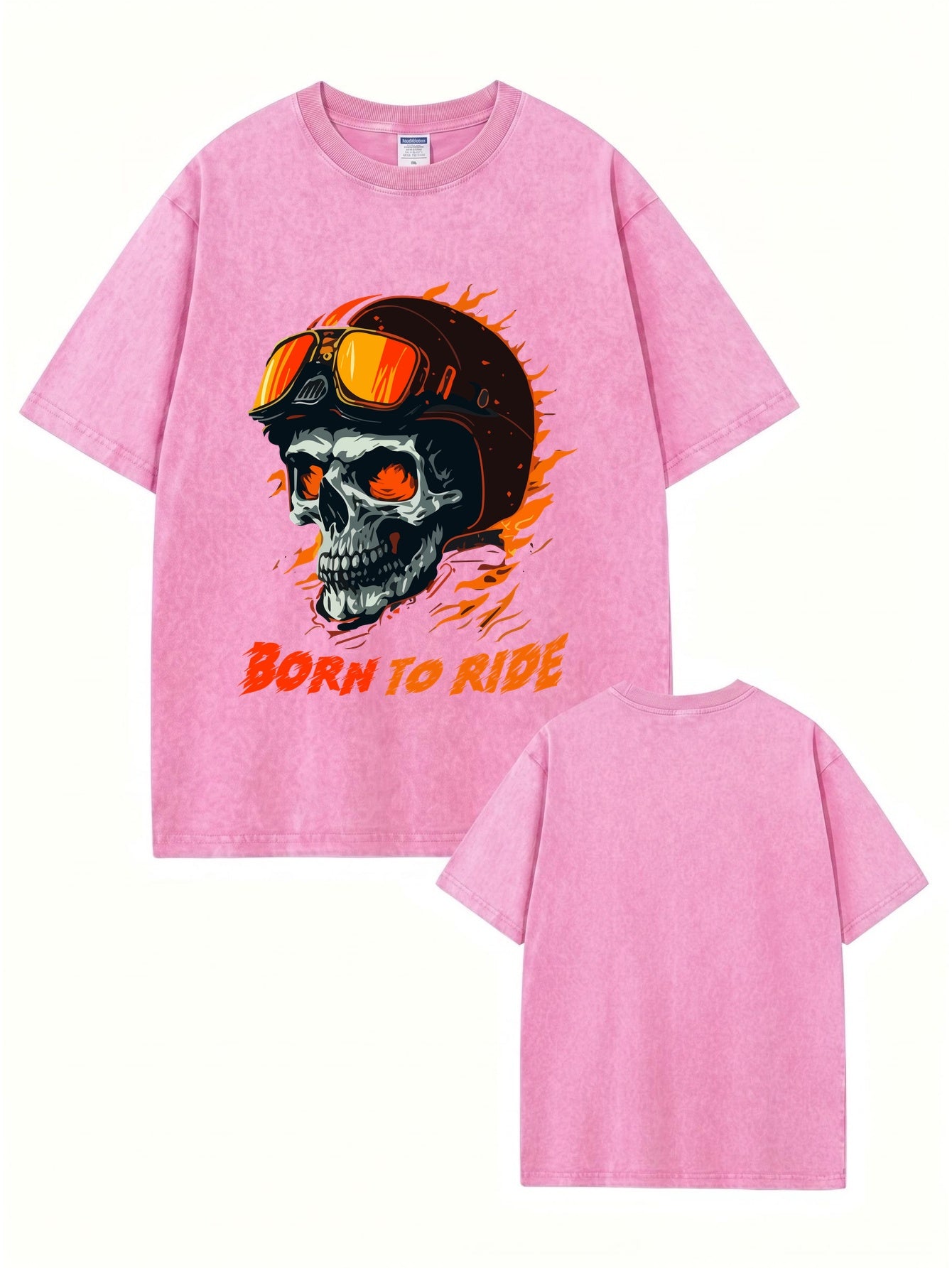 Born To Ride Skull Graphic Vintage Washed Heavyweight Cotton T-Shirt