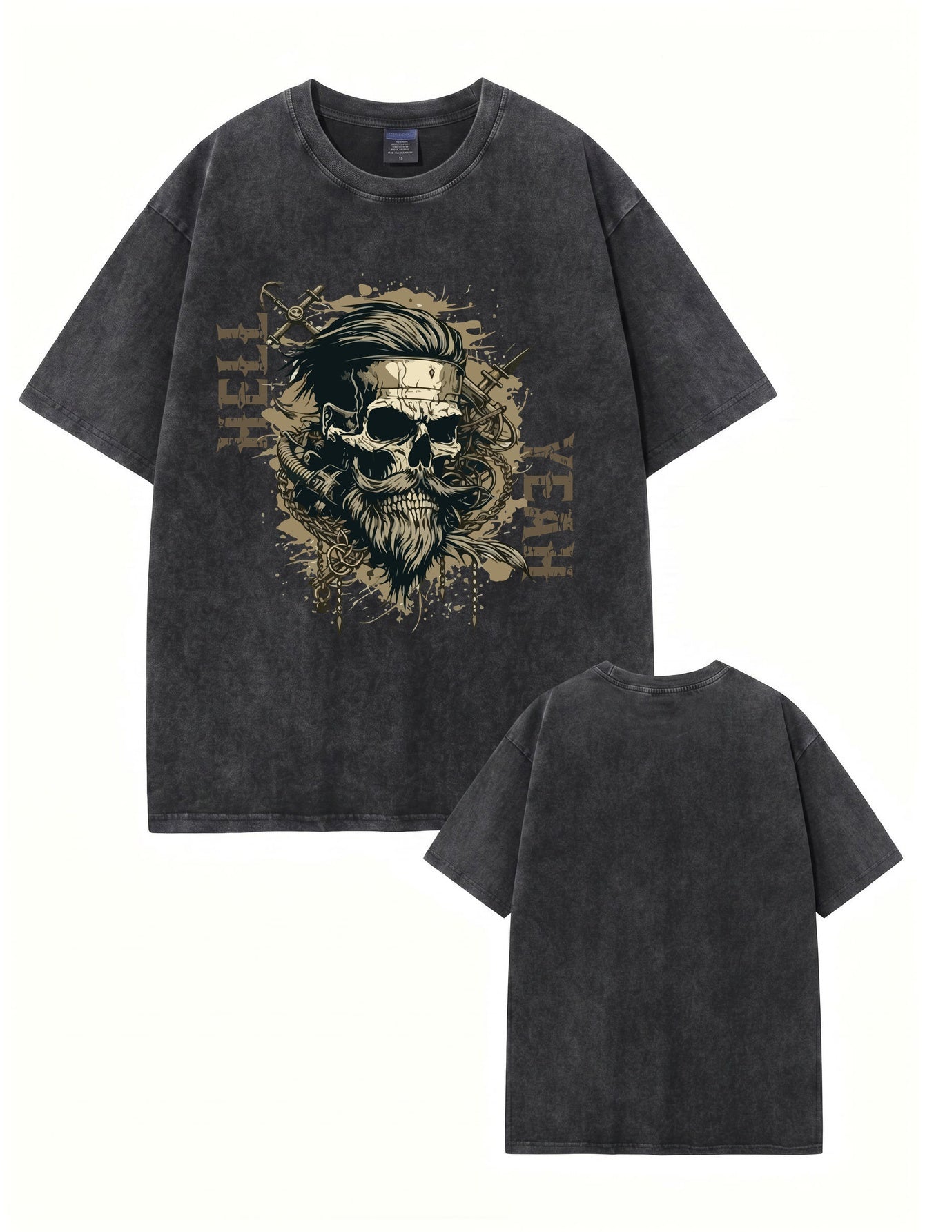 Vintage Washed Graphic T-Shirt: Bearded Skull 'HELL YEAH' Print