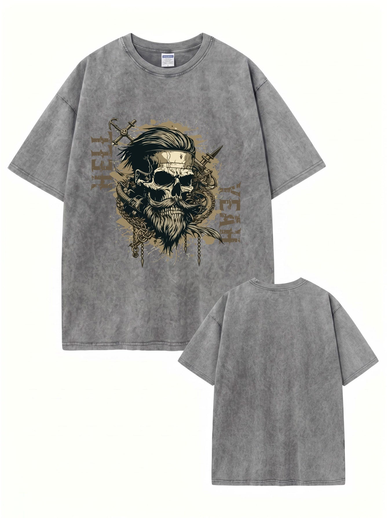 Vintage Washed Graphic T-Shirt: Bearded Skull 'HELL YEAH' Print