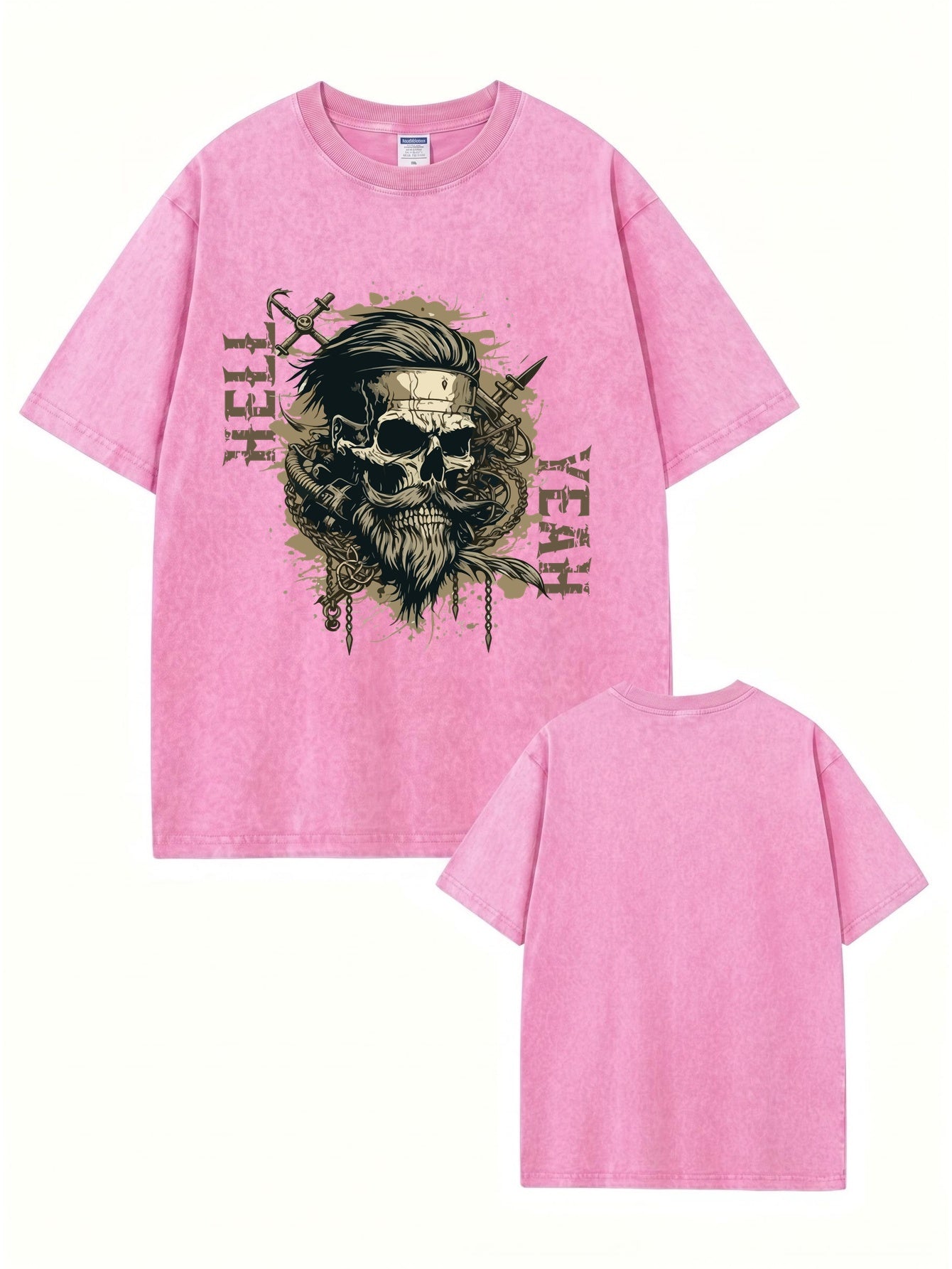 Vintage Washed Graphic T-Shirt: Bearded Skull 'HELL YEAH' Print