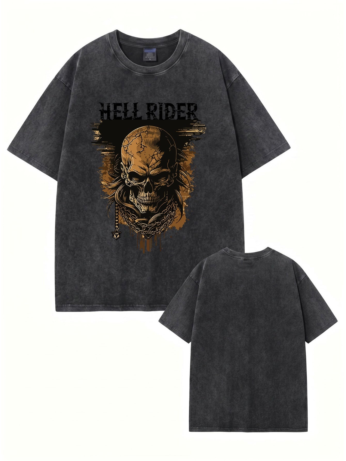 Vintage Washed Hell Rider Skull Graphic Tee - Heavyweight Cotton Streetwear