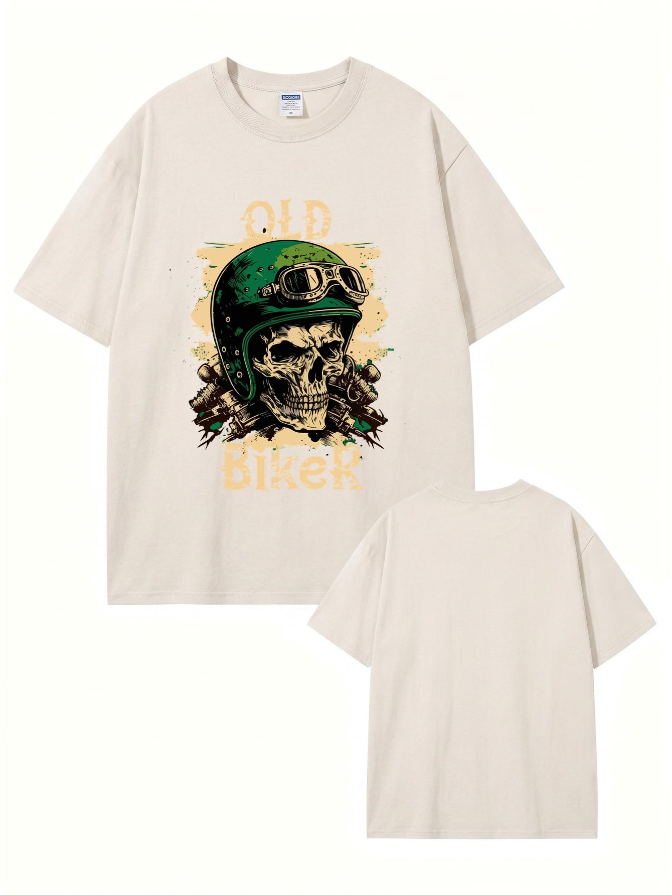 Vintage Washed Old Biker Skull Print Heavyweight Cotton T-Shirt
