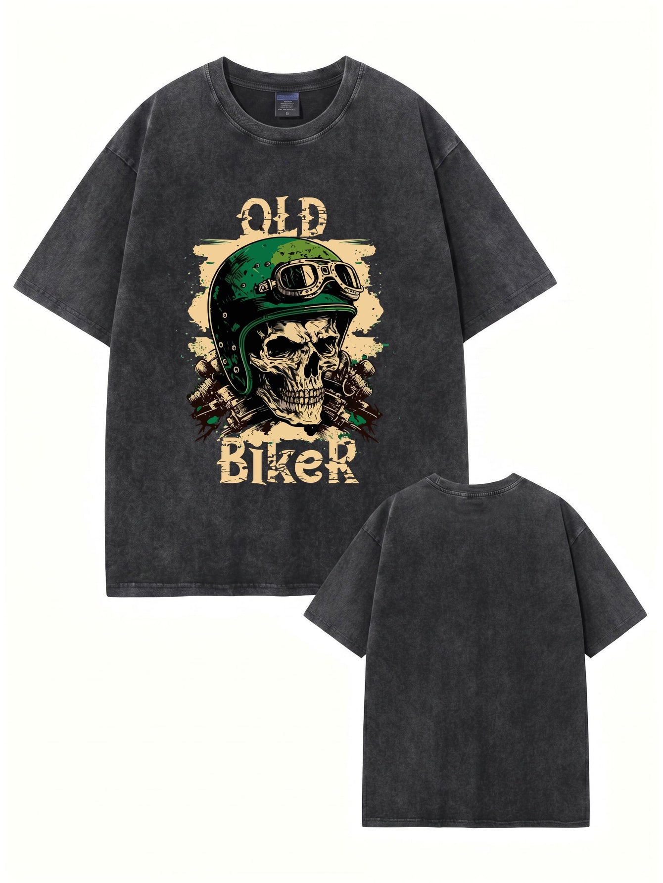 Vintage Washed Old Biker Skull Print Heavyweight Cotton T-Shirt